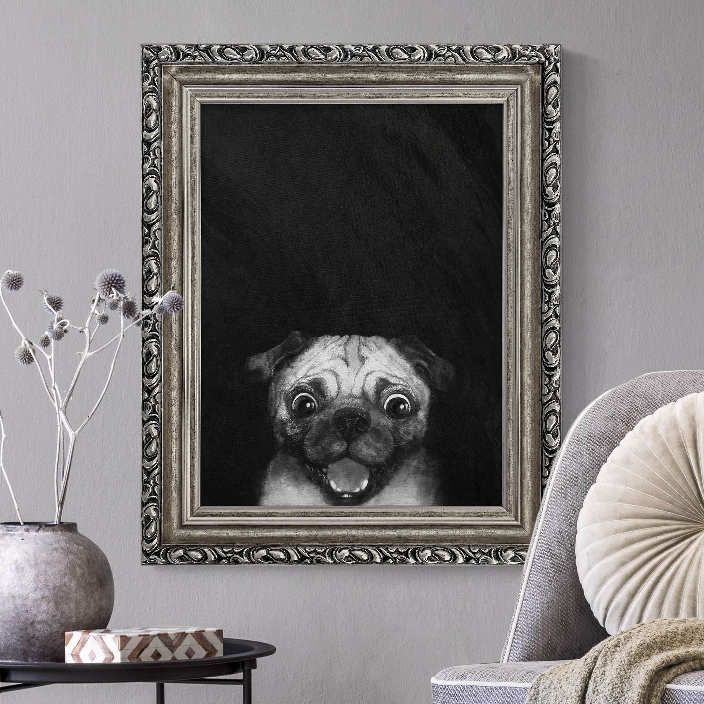 Leinwandbild in Barockrahmen Illustration Hund Mops Malerei auf Schwarz Weiß