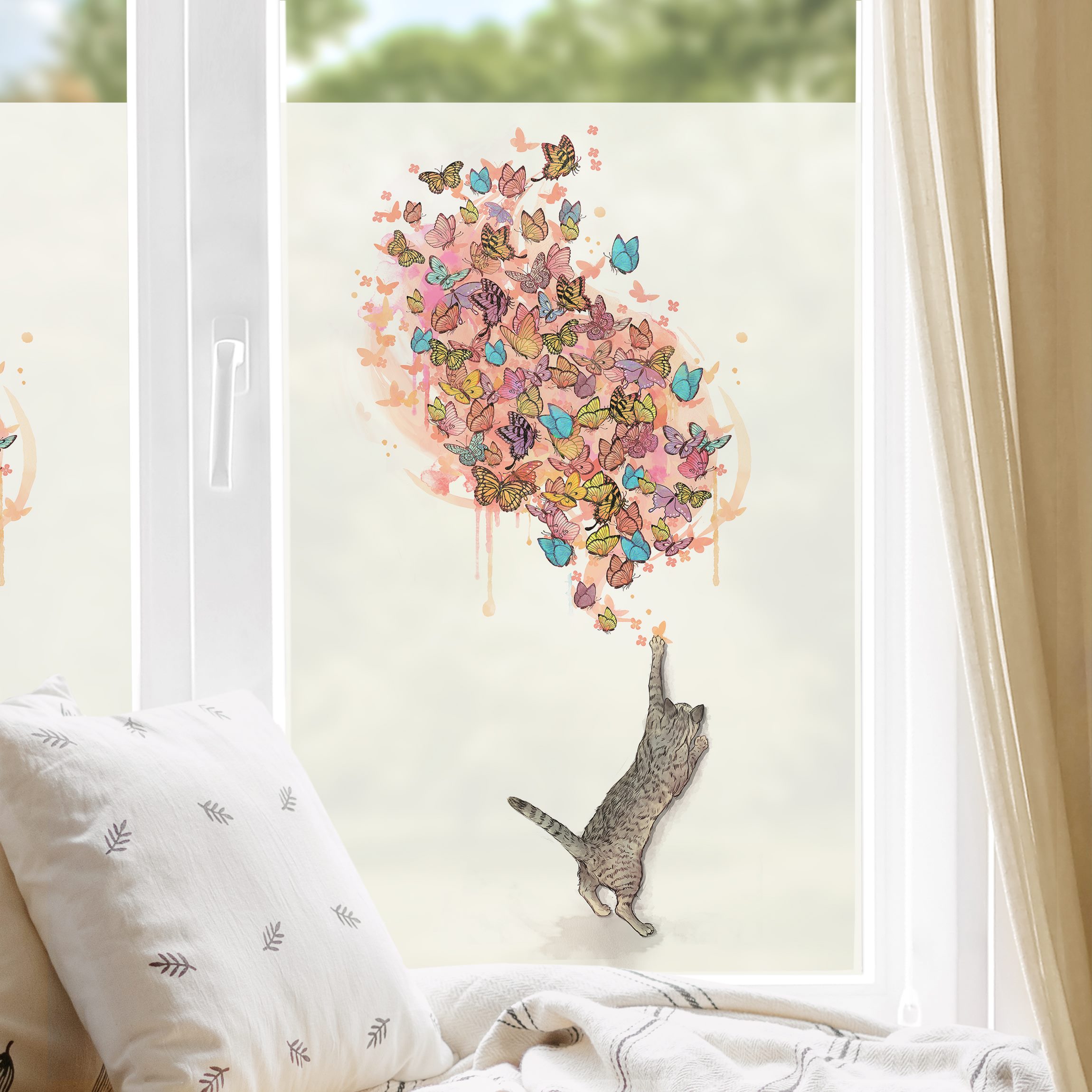 Fensterfolie Illustration Katze mit bunten Schmetterlingen Malerei