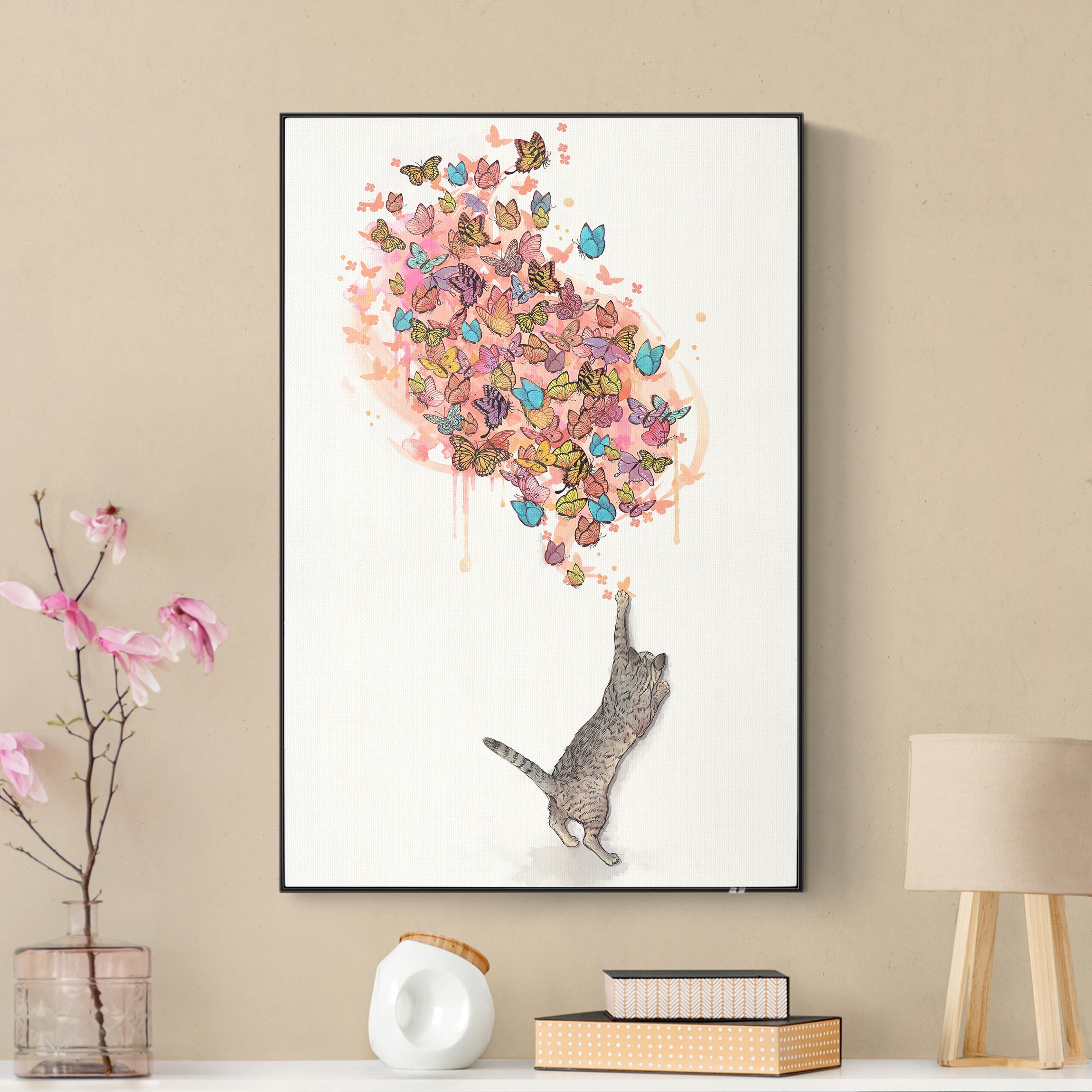 Akustik-Wechselbild Illustration Katze mit bunten Schmetterlingen Malerei