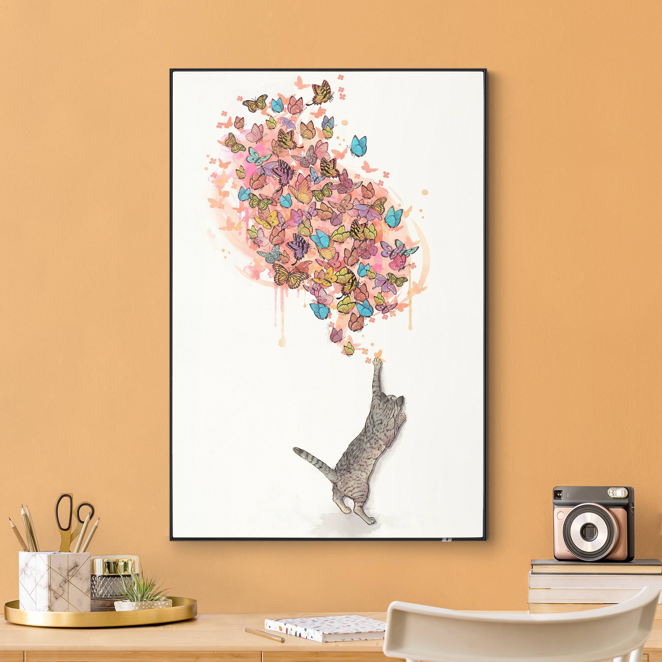 Wechselbild Illustration Katze mit bunten Schmetterlingen Malerei