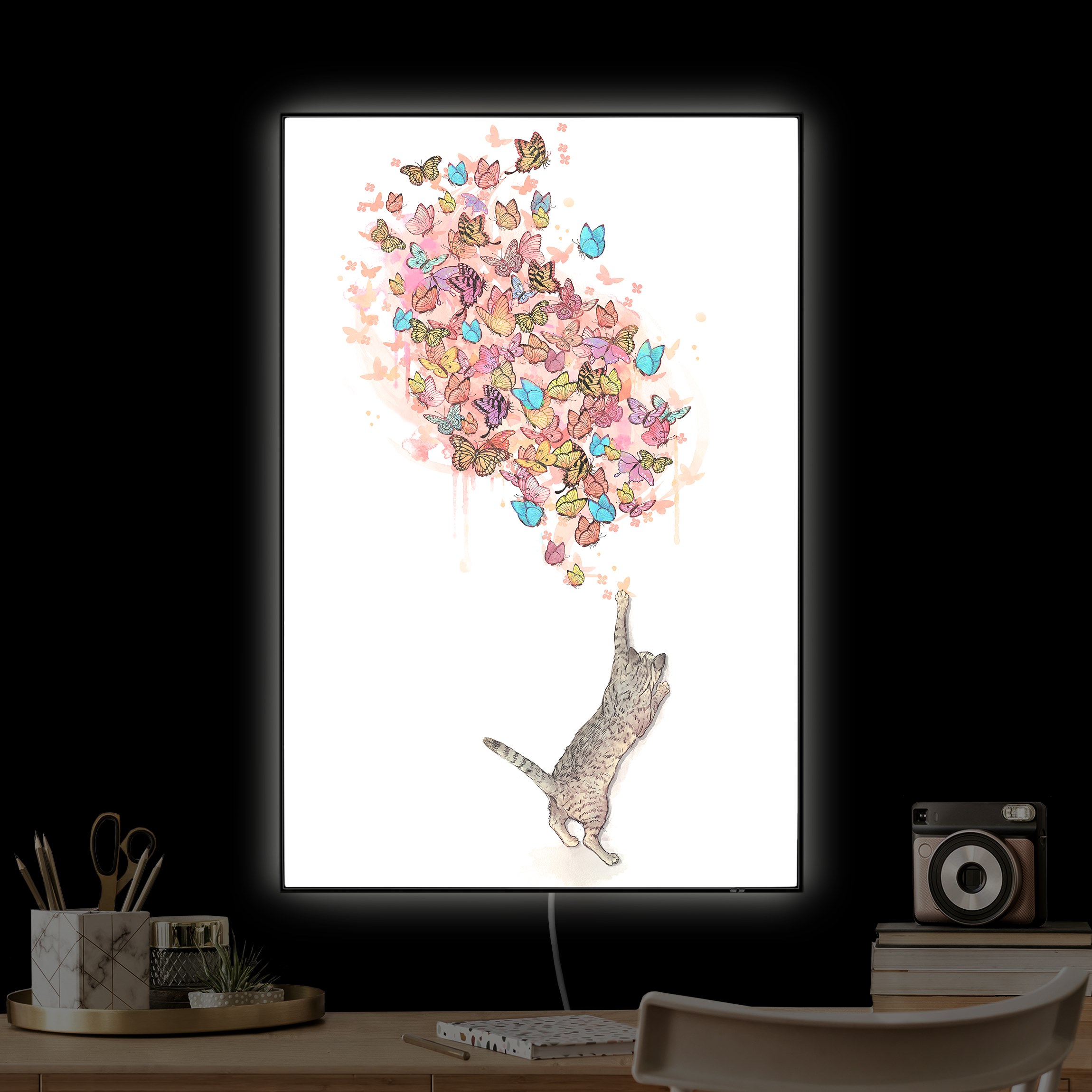 LED-Wechselbild Illustration Katze mit bunten Schmetterlingen Malerei