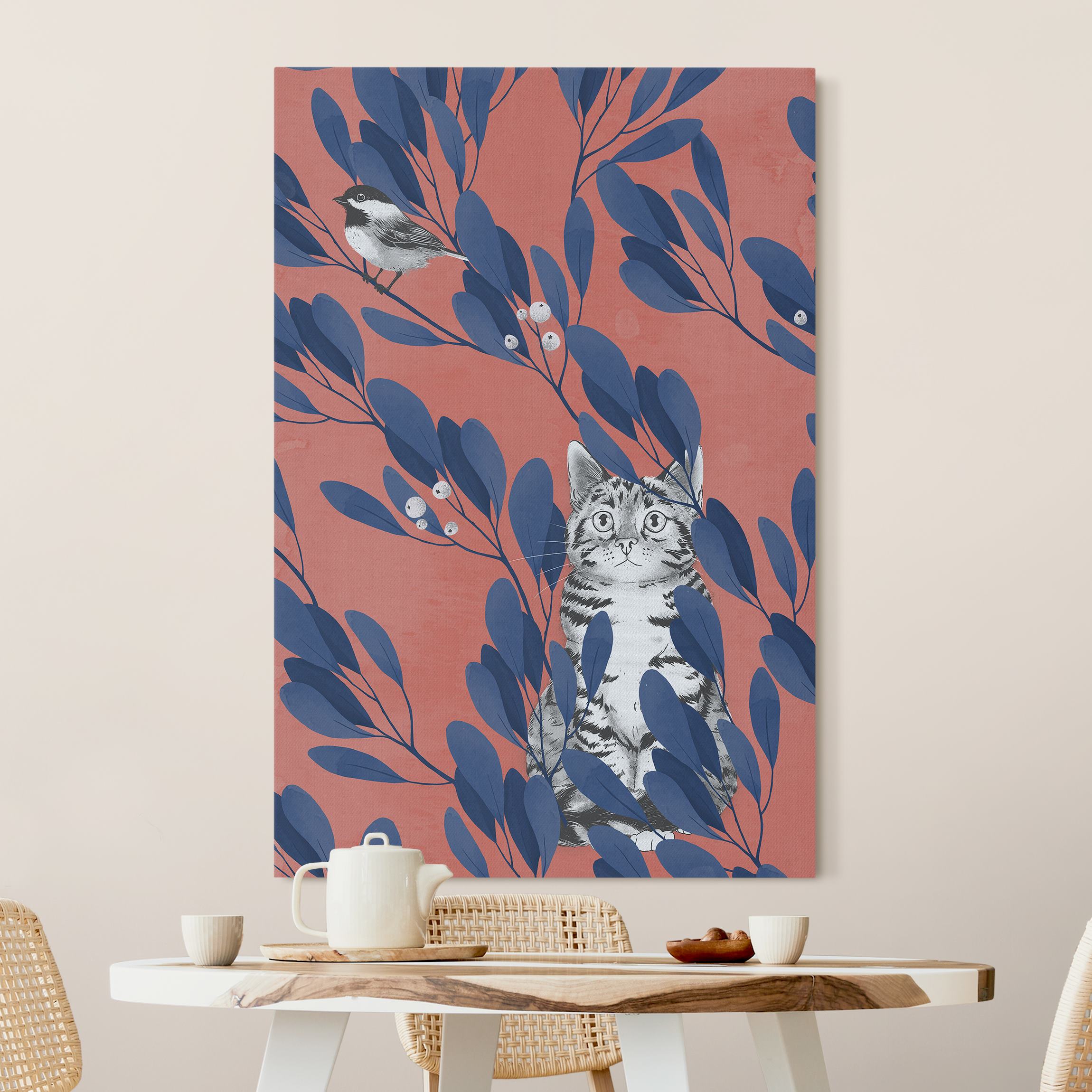 Akustikbild Illustration Katze und Vogel auf Ast Blau Rot