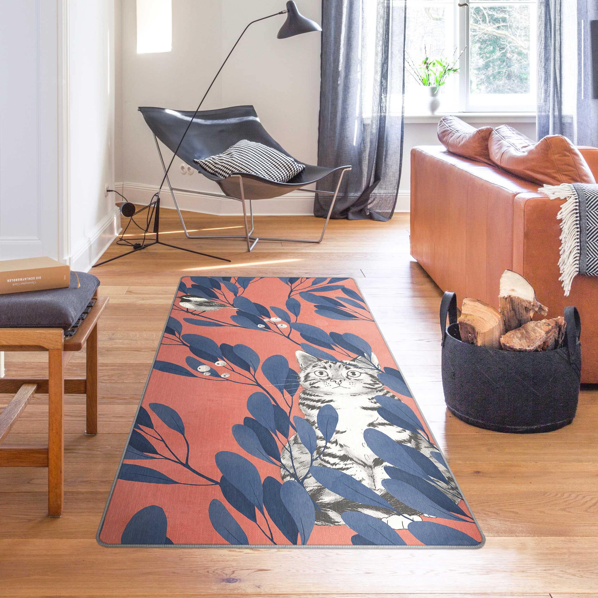 Teppich Illustration Katze und Vogel auf Ast Blau Rot