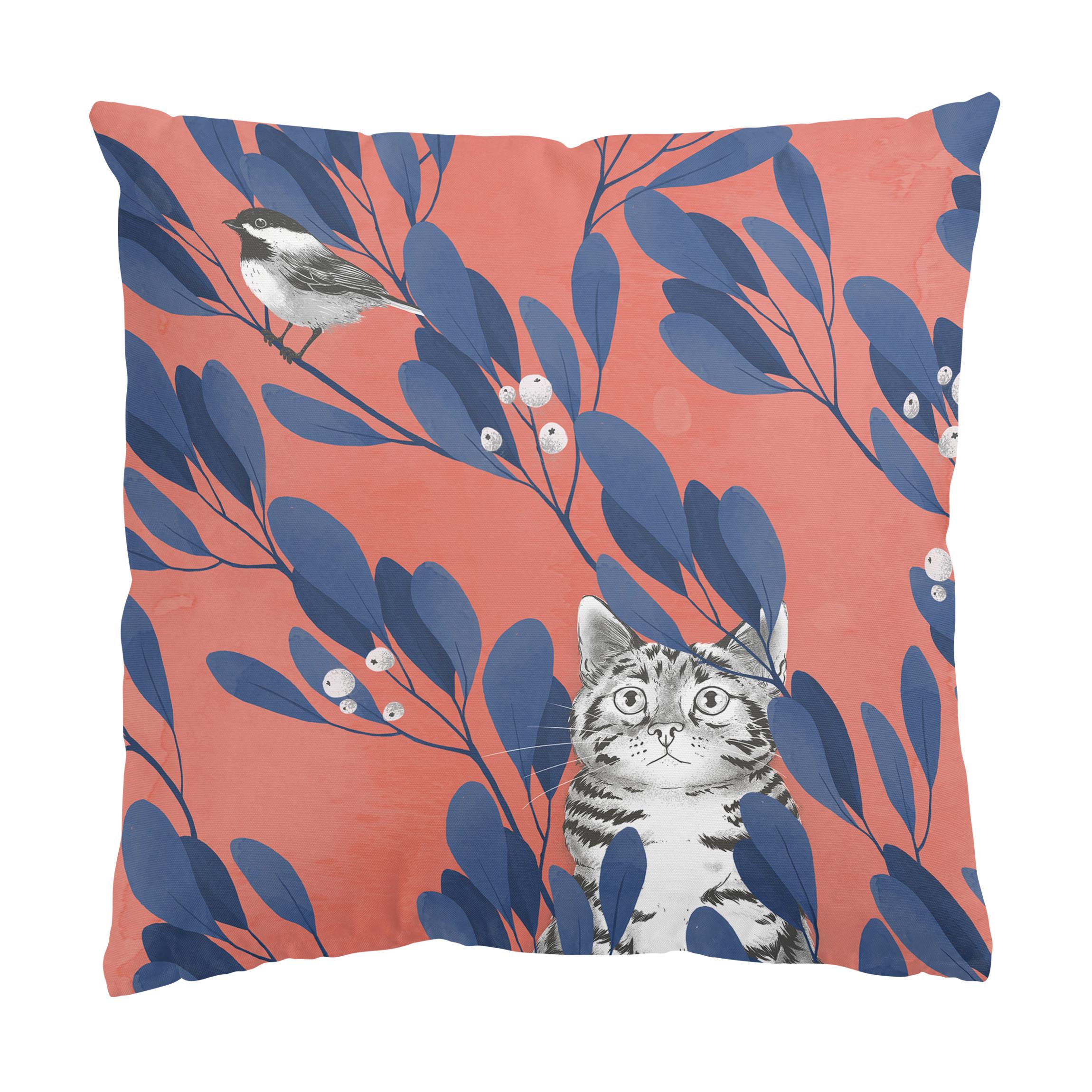 Dekokissen Illustration Katze und Vogel auf Ast Blau Rot