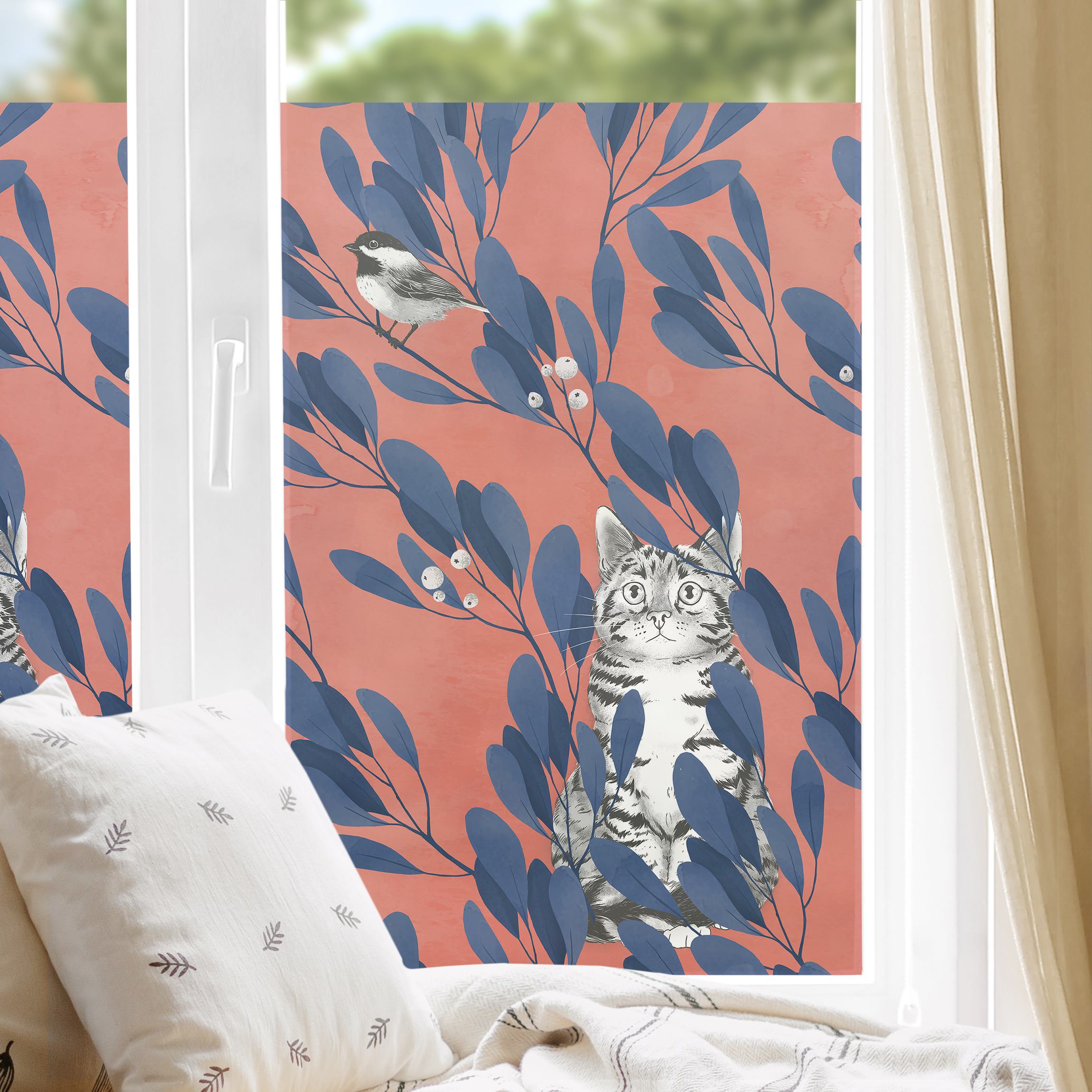 Fensterfolie Illustration Katze und Vogel auf Ast Blau Rot