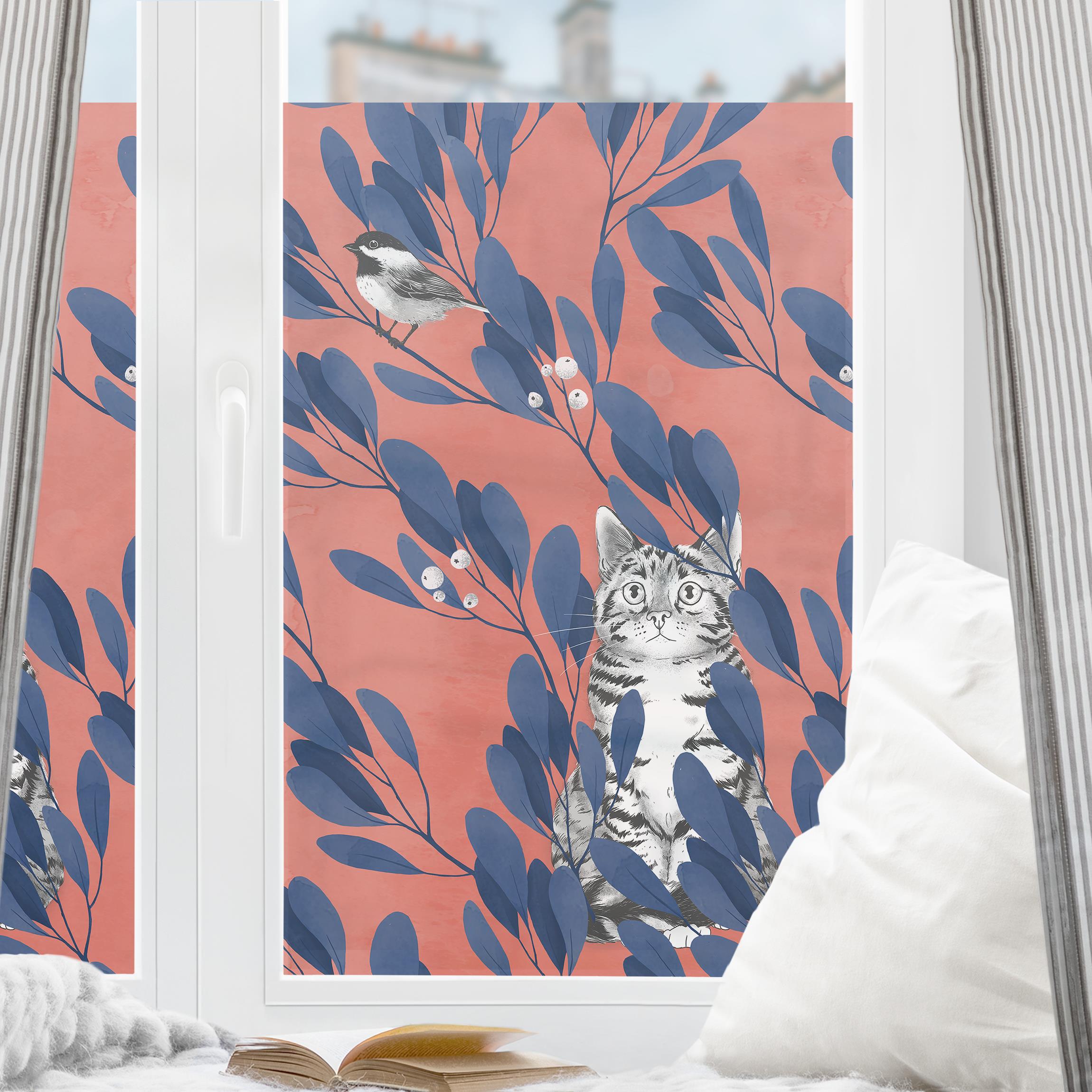 Fensterfolie Illustration Katze und Vogel auf Ast Blau Rot
