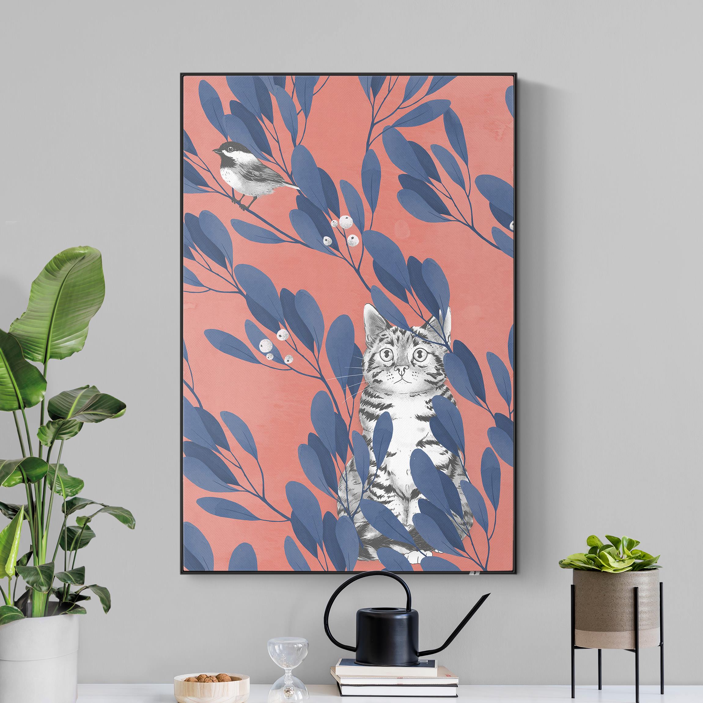 Akustik-Wechselbild Illustration Katze und Vogel auf Ast Blau Rot