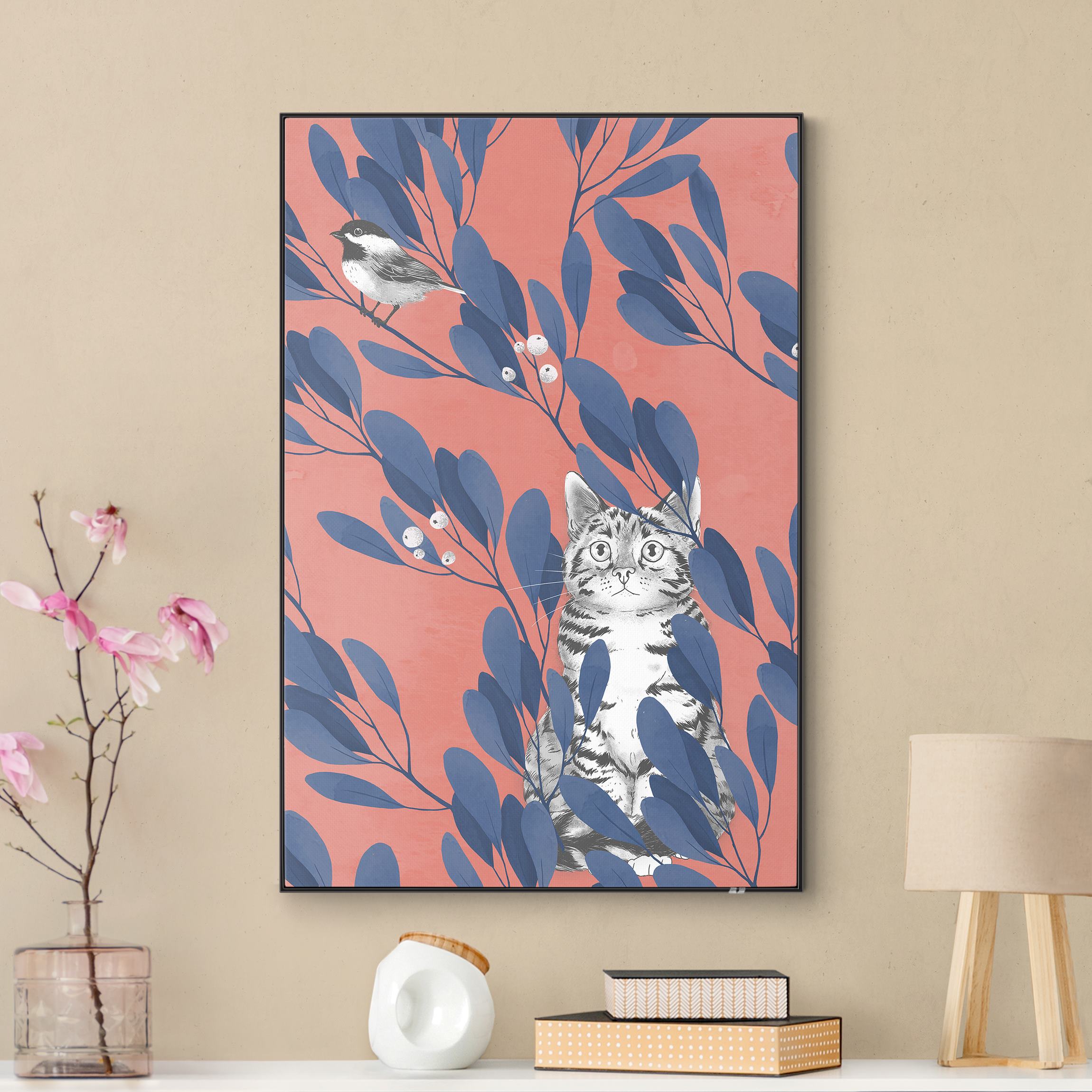 Wechselbild Illustration Katze und Vogel auf Ast Blau Rot