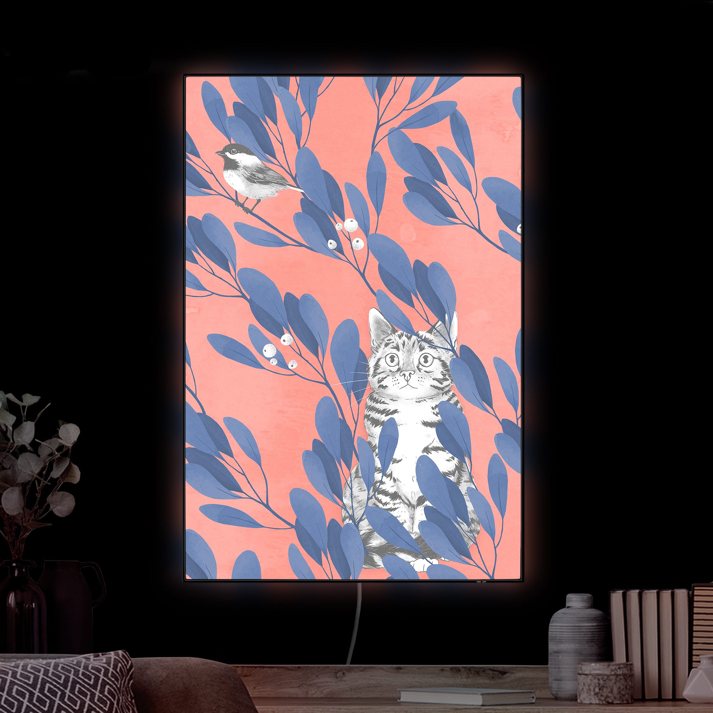 LED-Wechselbild Illustration Katze und Vogel auf Ast Blau Rot