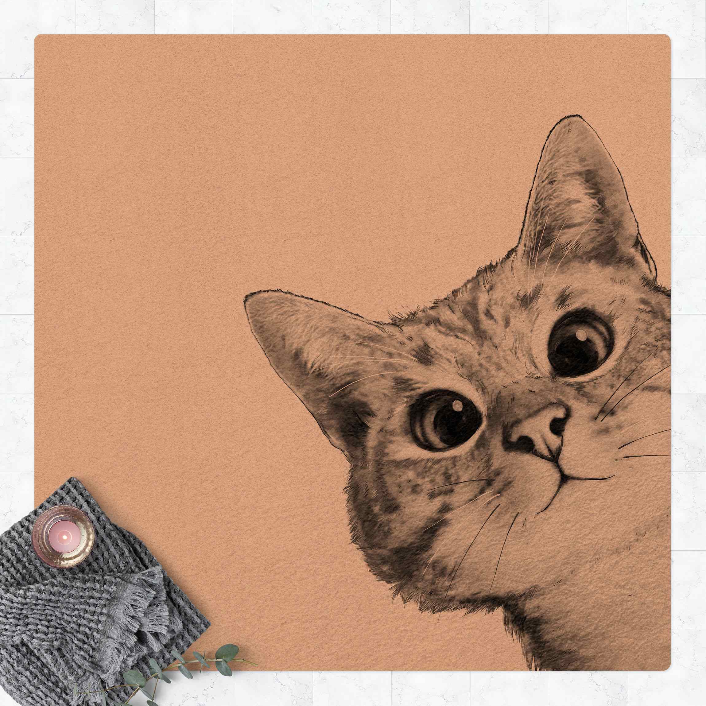 Kork-Teppich Illustration Katze Zeichnung Schwarz Weiß