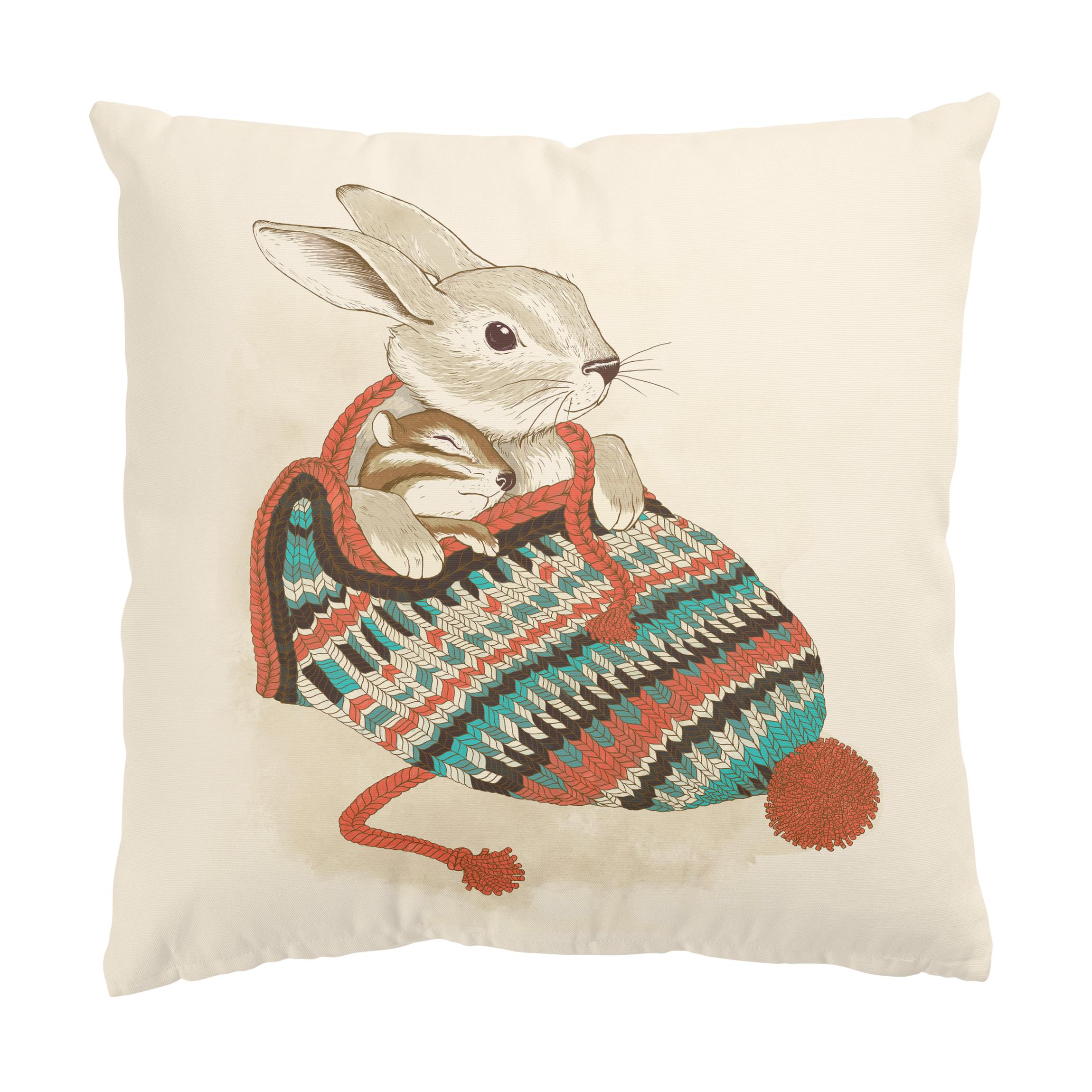 Dekokissen Illustration Kuschelnder Hase in Mütze