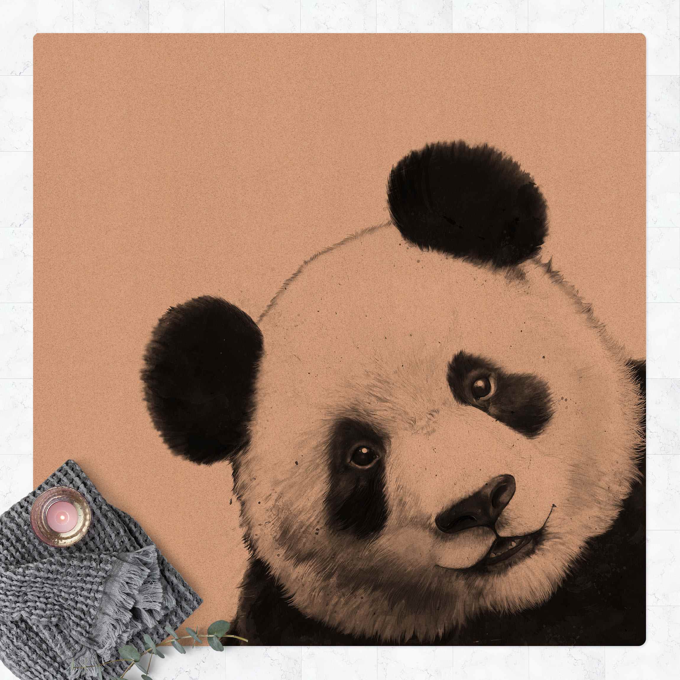 Kork-Teppich Illustration Panda Schwarz Weiß Malerei