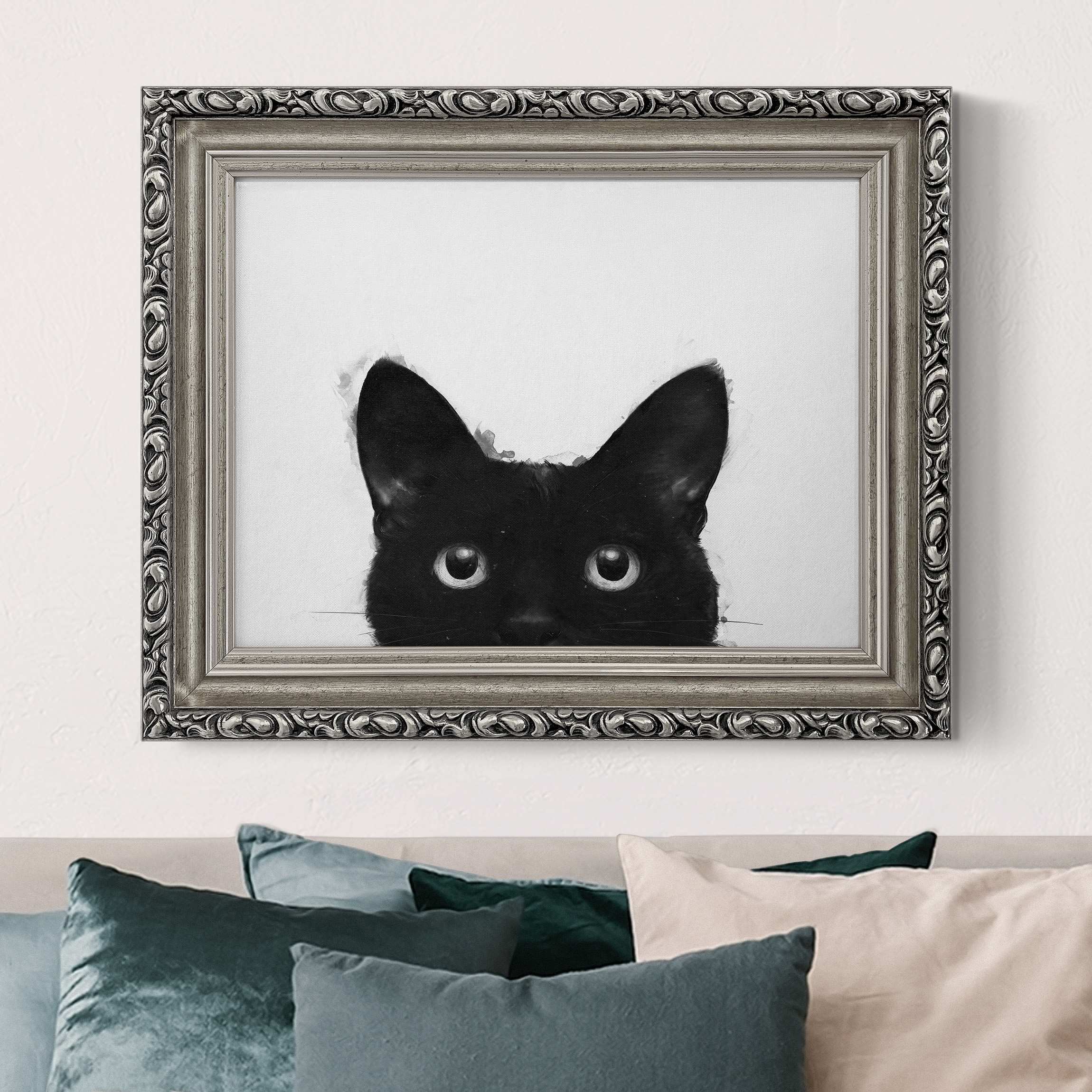 Leinwandbild mit Barockrahmen Illustration Schwarze Katze auf Weiß Malerei