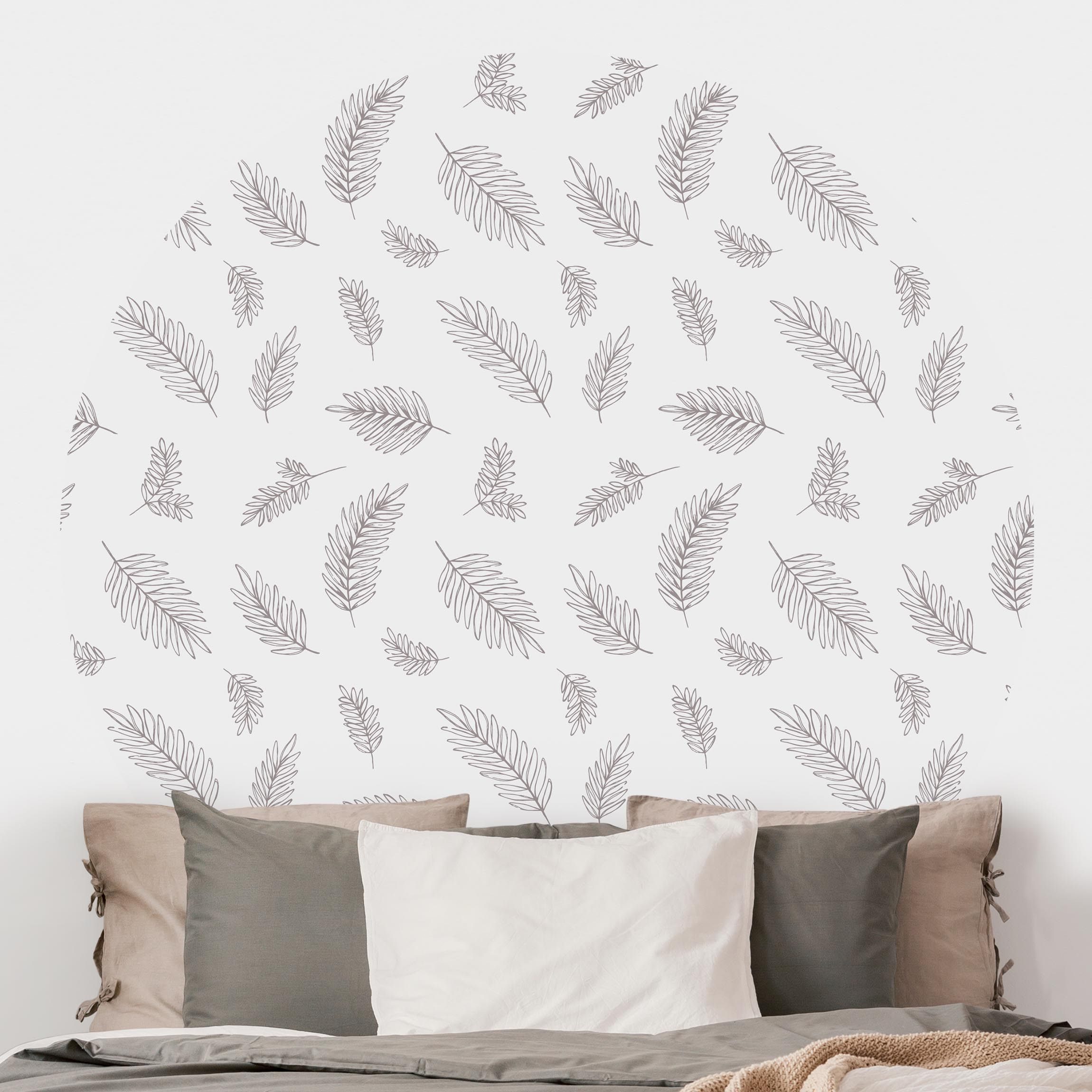 Runde Tapete selbstklebend Illustrierte Blätter Muster Beige