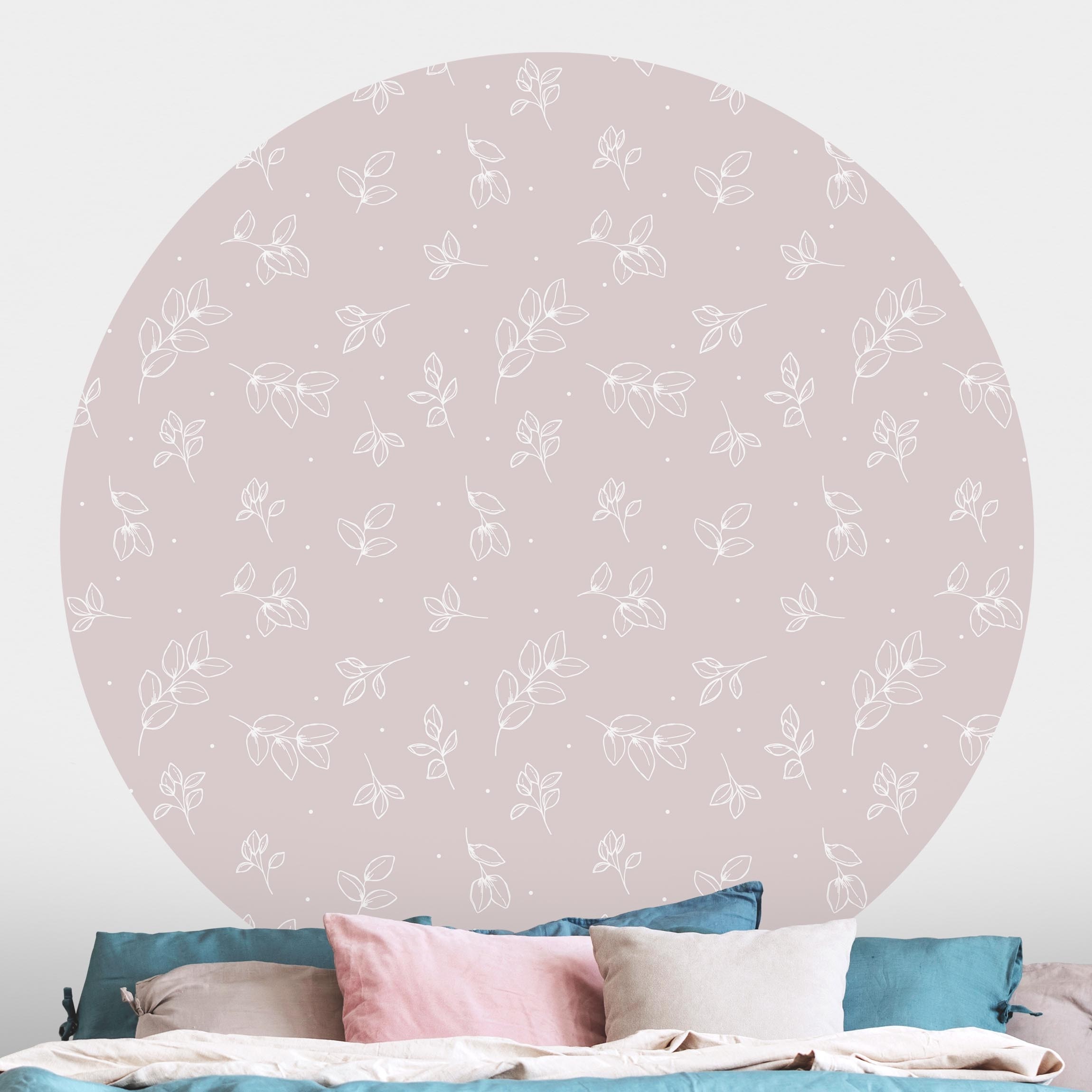 Runde Tapete selbstklebend Illustrierte Blätter Muster Pastell Rosa