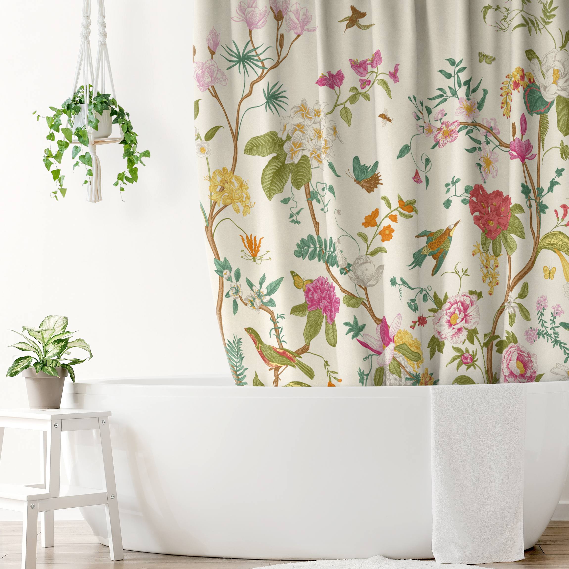 Duschvorhang Illustrierte Blumen Chinoiserie auf Gelb