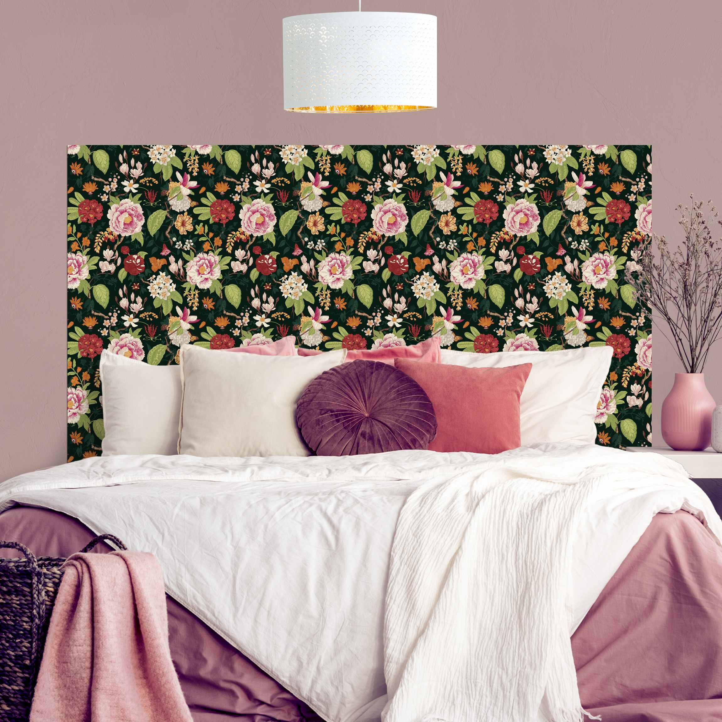 Kopfteil Bett Illustriertes Blumen Chinoiserie Muster auf Dunkelgrün