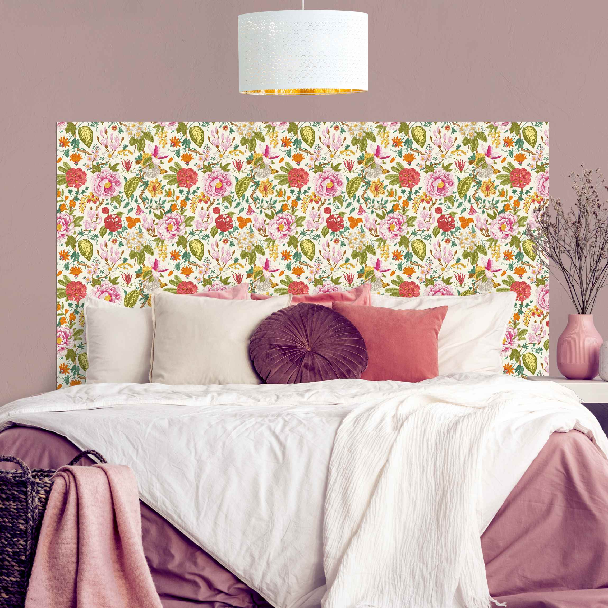 Kopfteil Bett Illustriertes Blumen Chinoiserie Muster auf Gelb