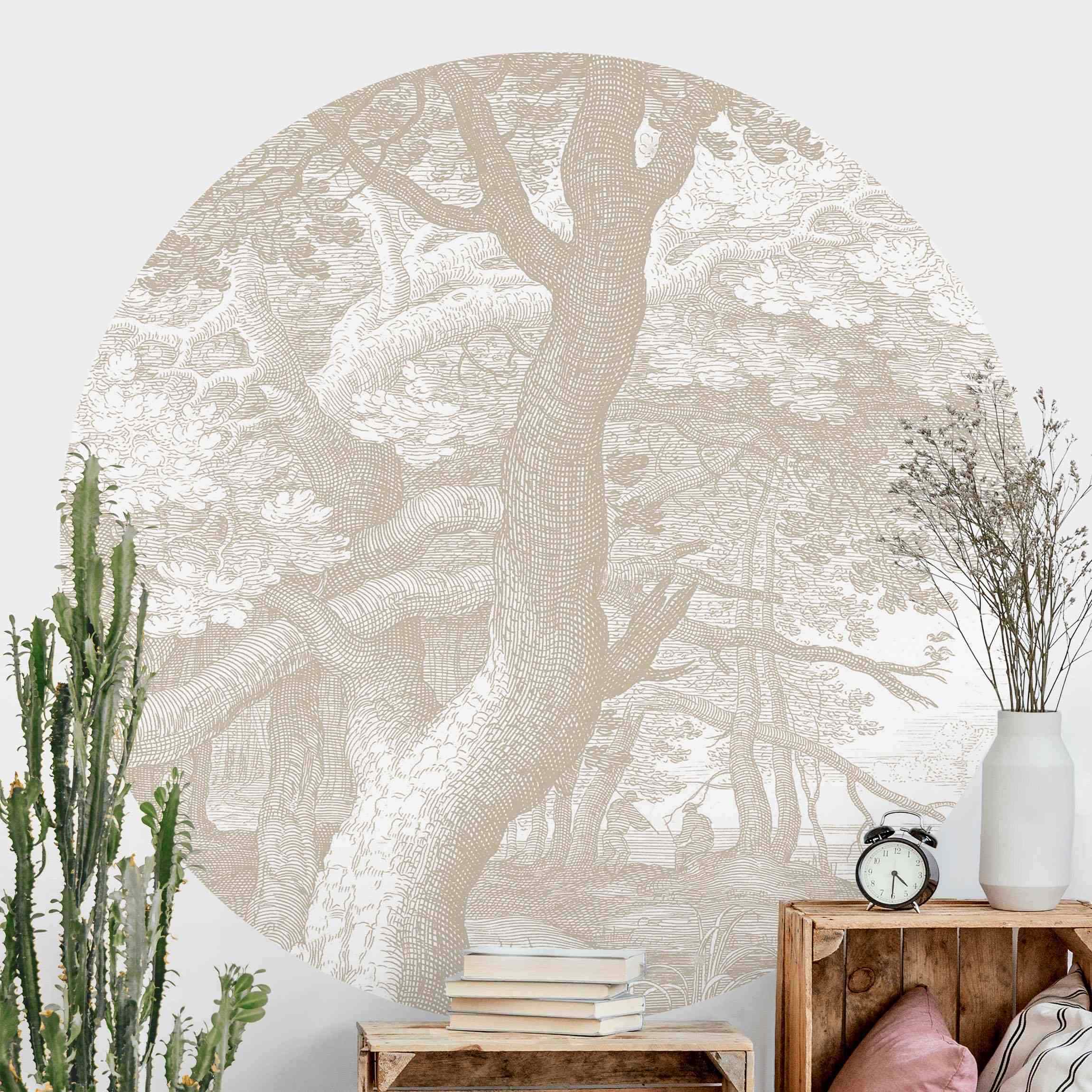 Runde Tapete selbstklebend Im Wald Kupferstich in Beige