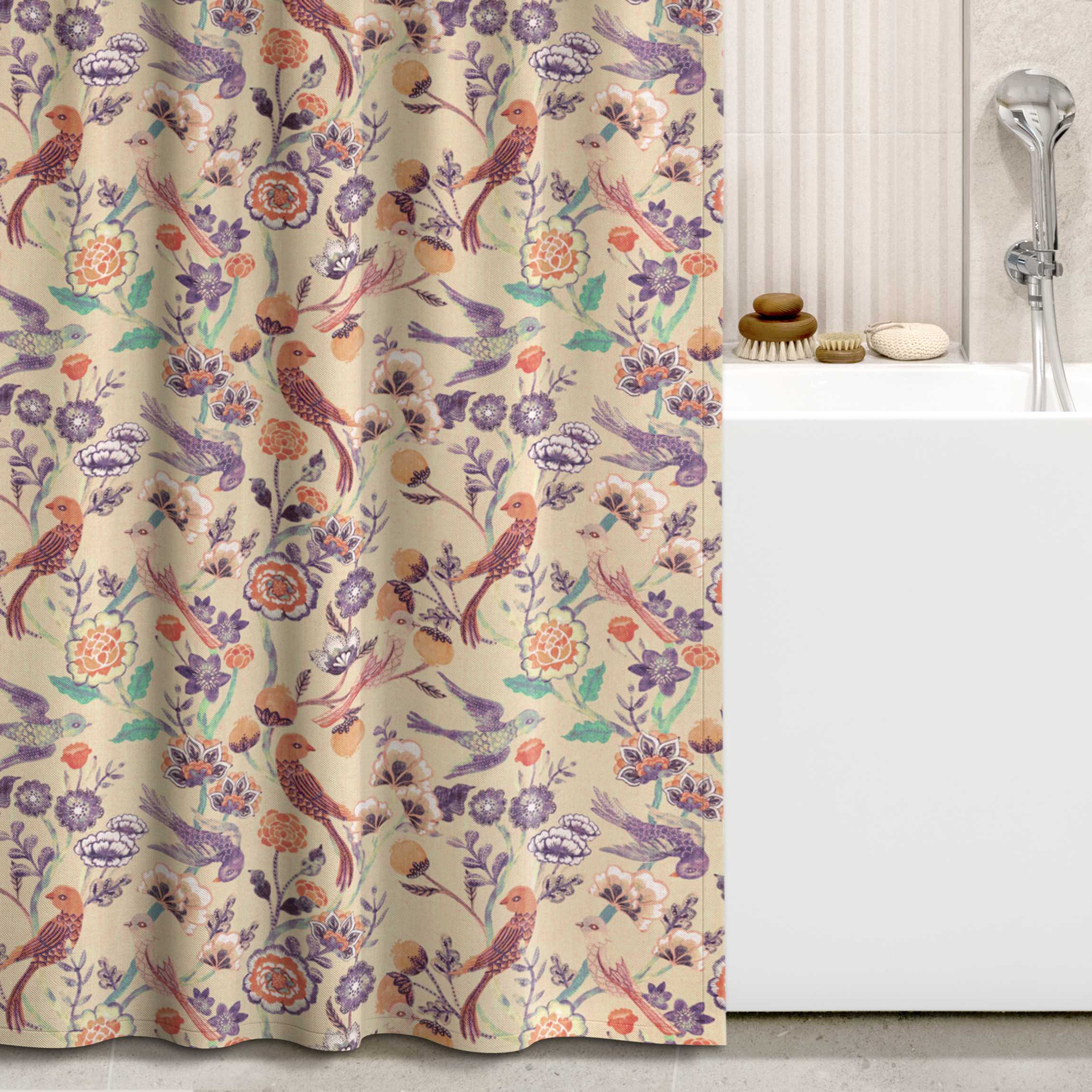 Duschvorhang Indisches Muster Vögel mit Blumen Beige