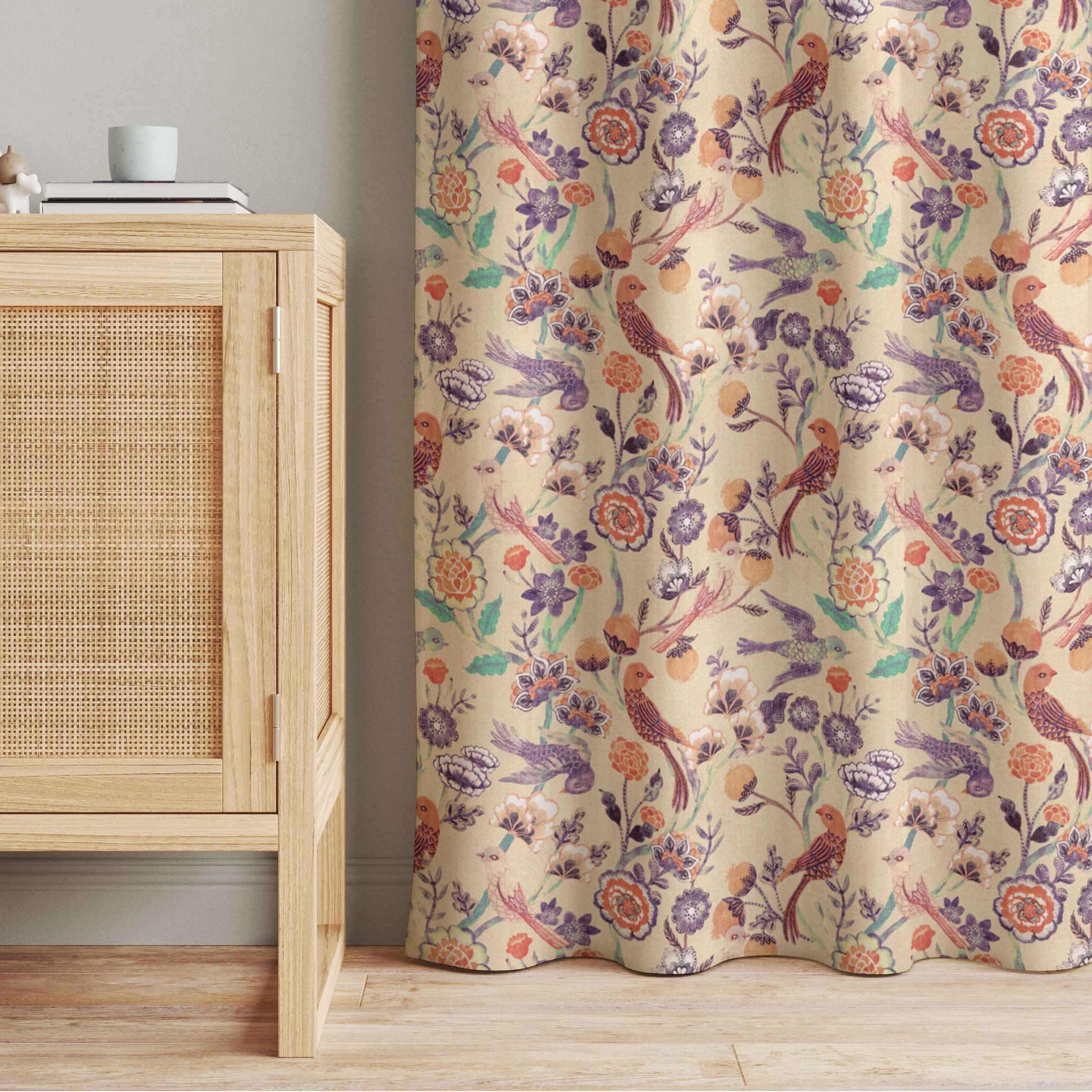 Vorhang Indisches Muster Vögel mit Blumen Beige