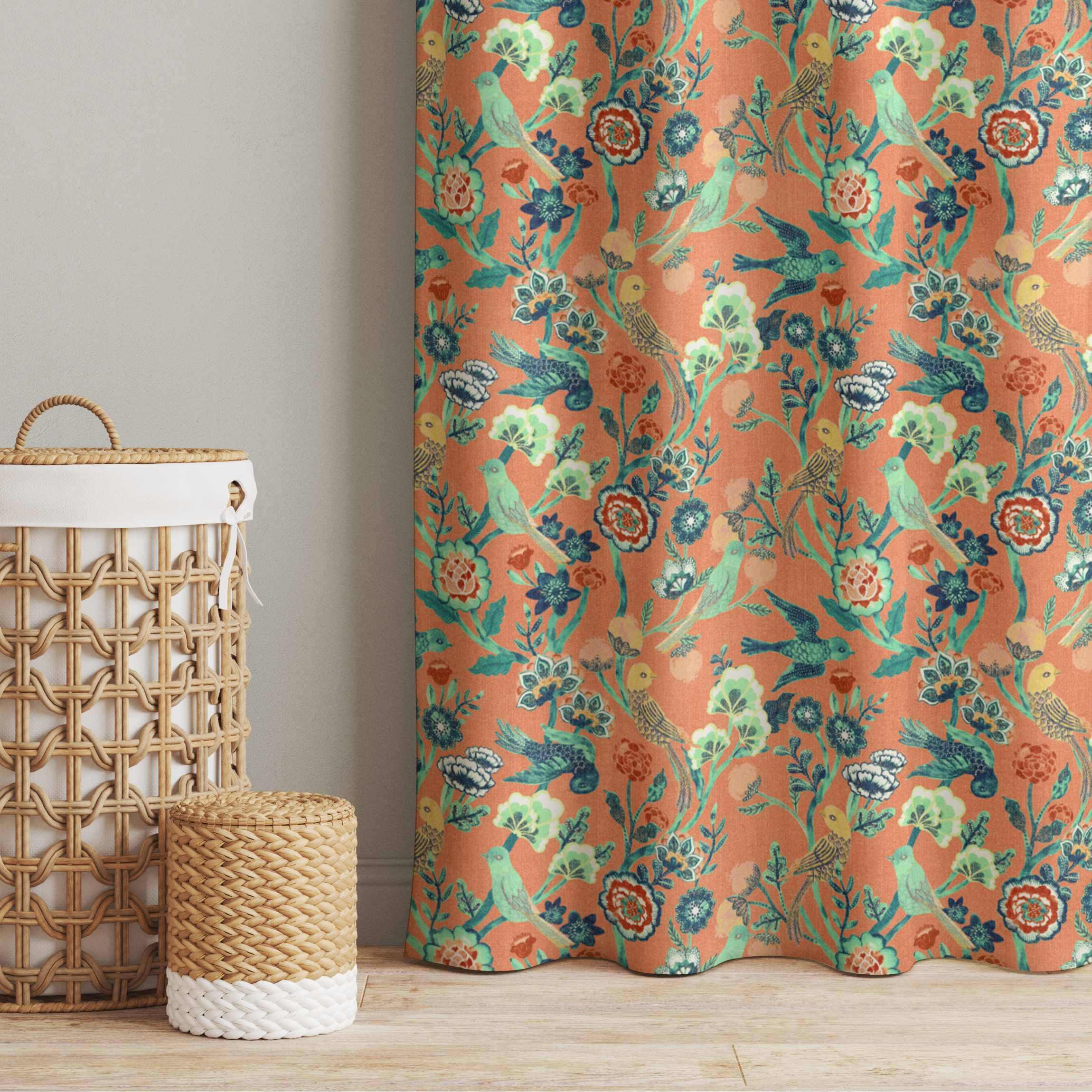 Vorhang Indisches Muster Vögel mit Blumen Orange