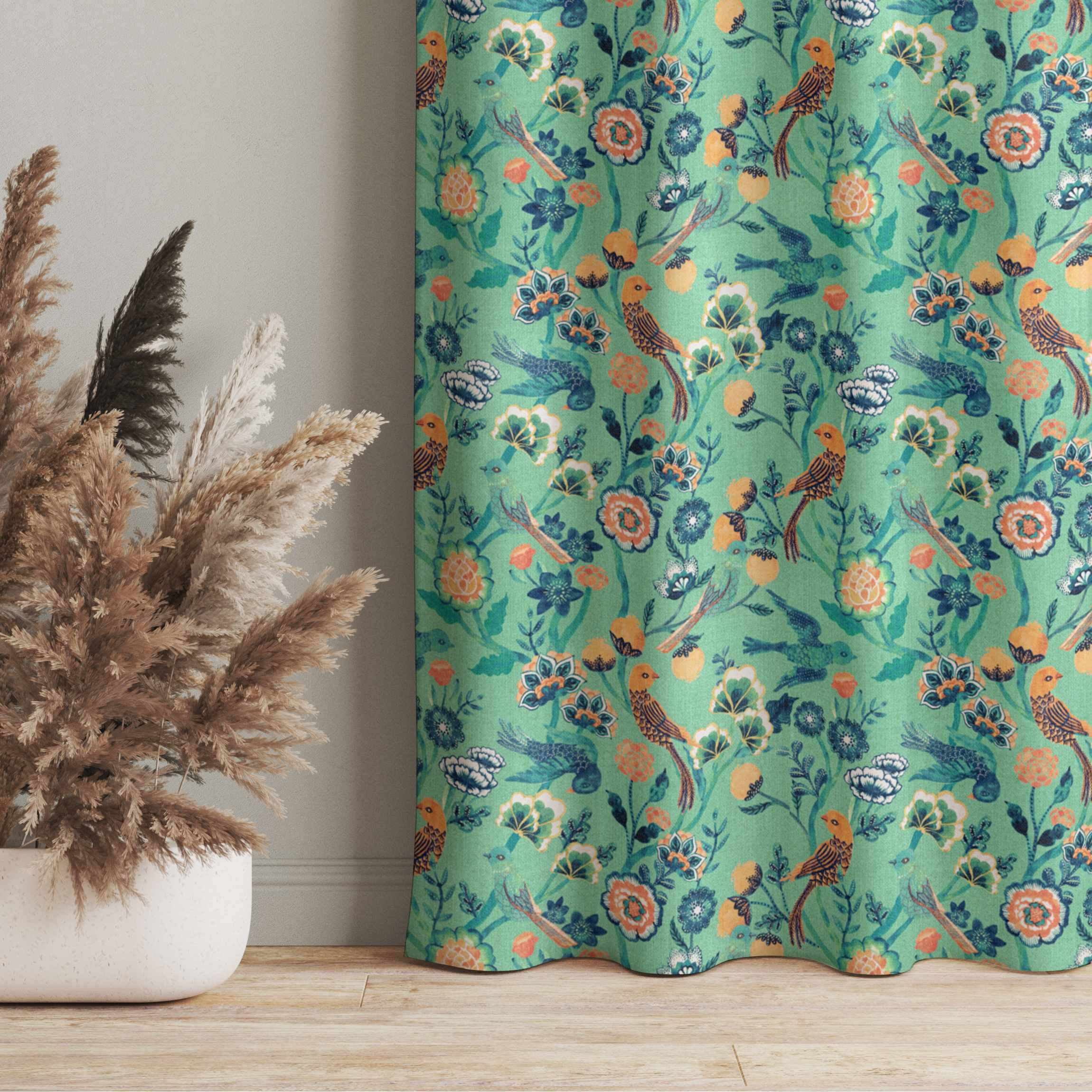 Vorhang Indisches Muster Vögel mit Blumen Türkis