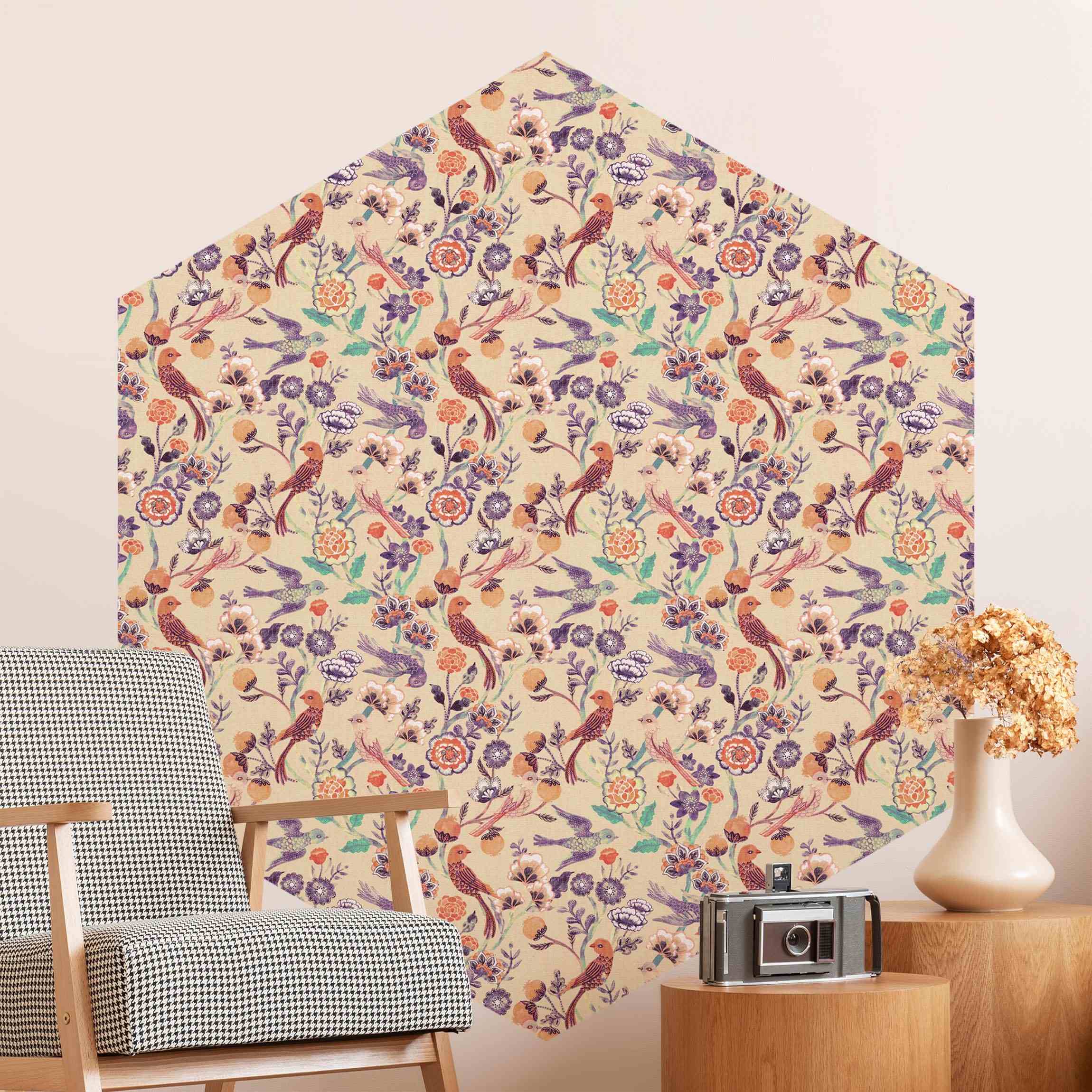 Hexagon Tapete selbstklebend Indisches Muster Vögel mit Blumen Beige
