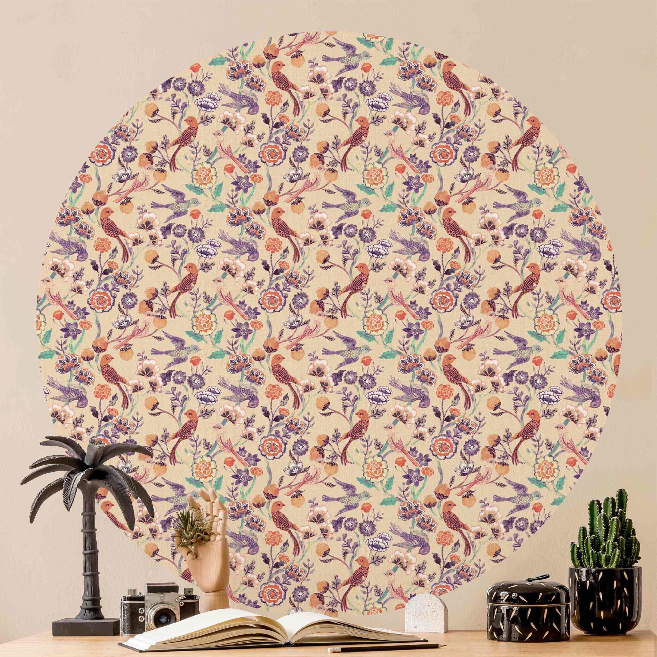 Runde Tapete selbstklebend Indisches Muster Vögel mit Blumen Beige