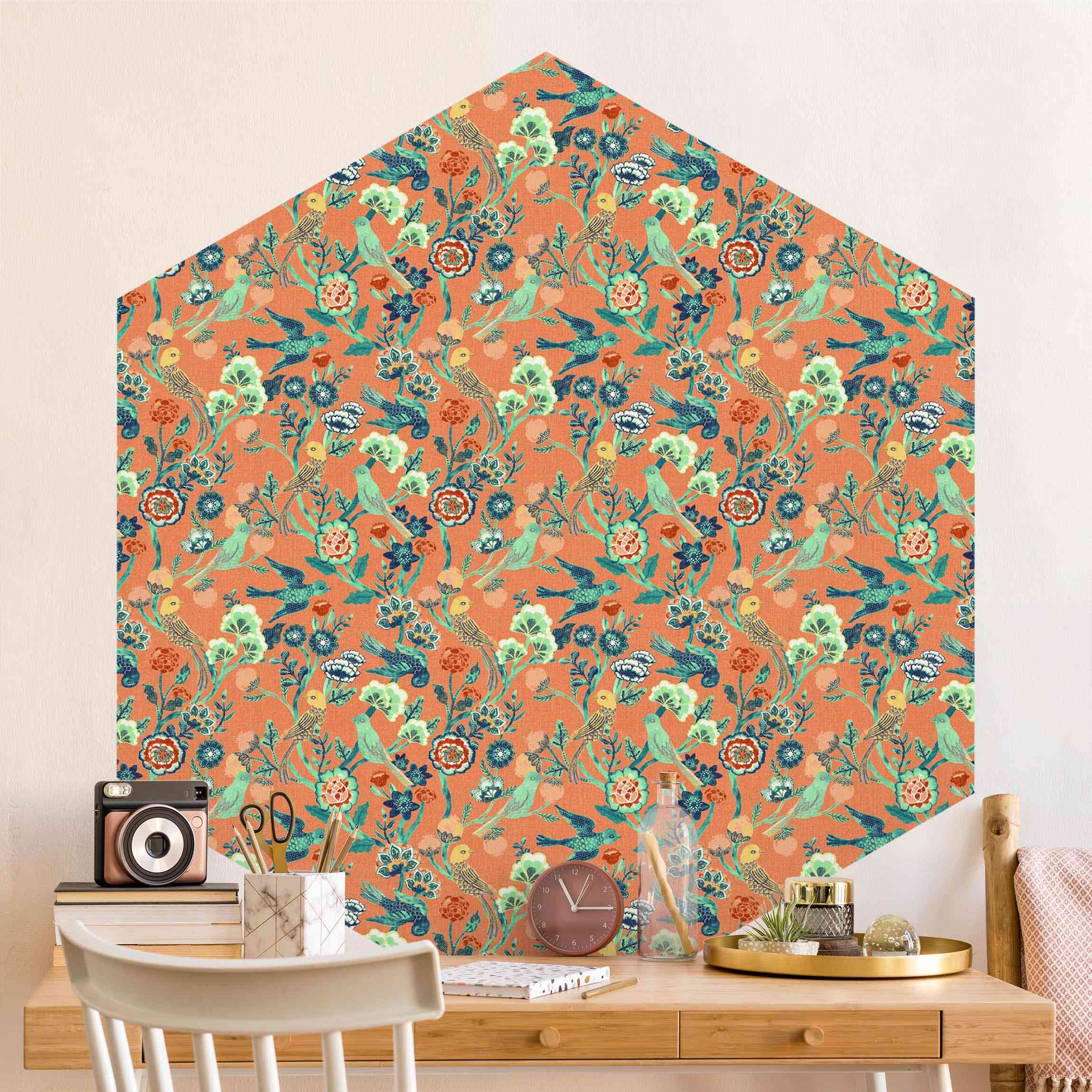 Hexagon Tapete selbstklebend Indisches Muster Vögel mit Blumen Orange