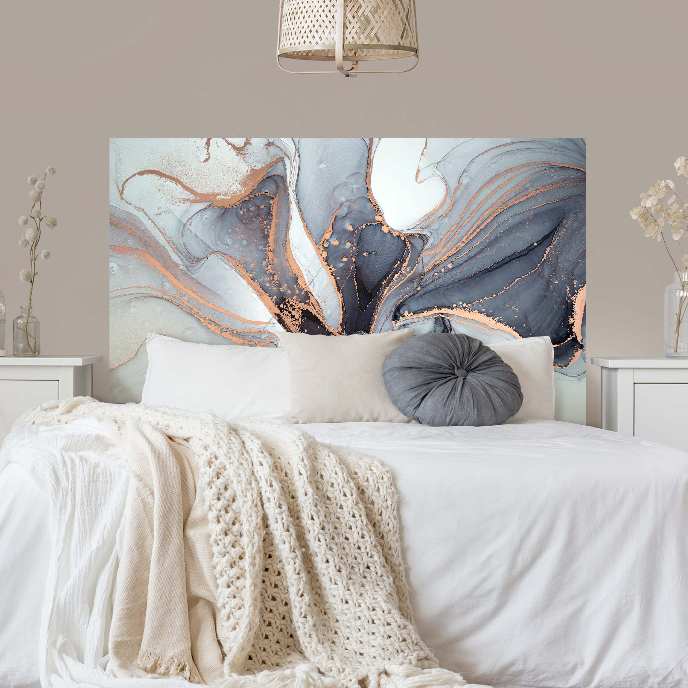 Kopfteil Bett Ink Art in Kupfer und Blau