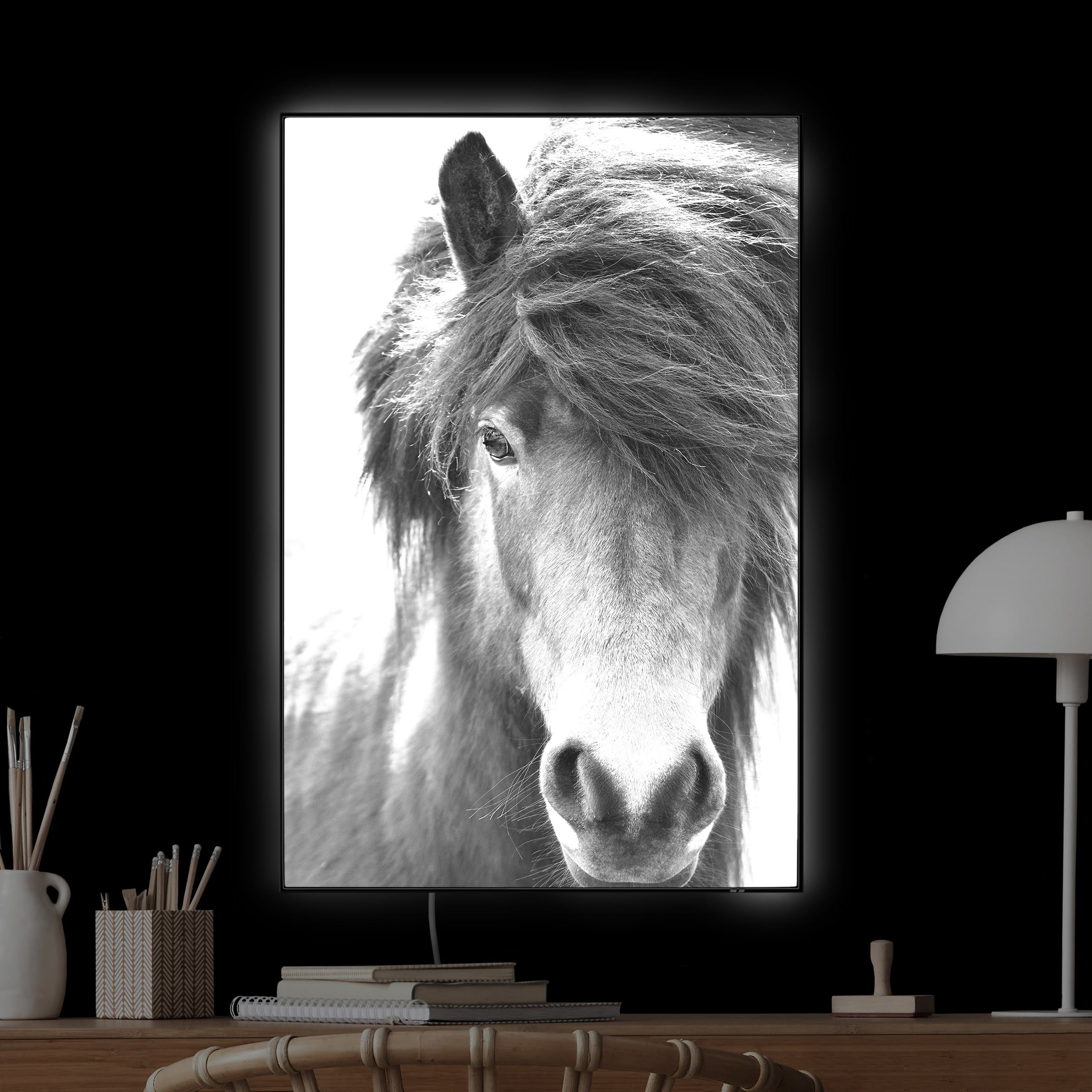 LED-Wechselbild Island Pferd in Schwarz-weiß