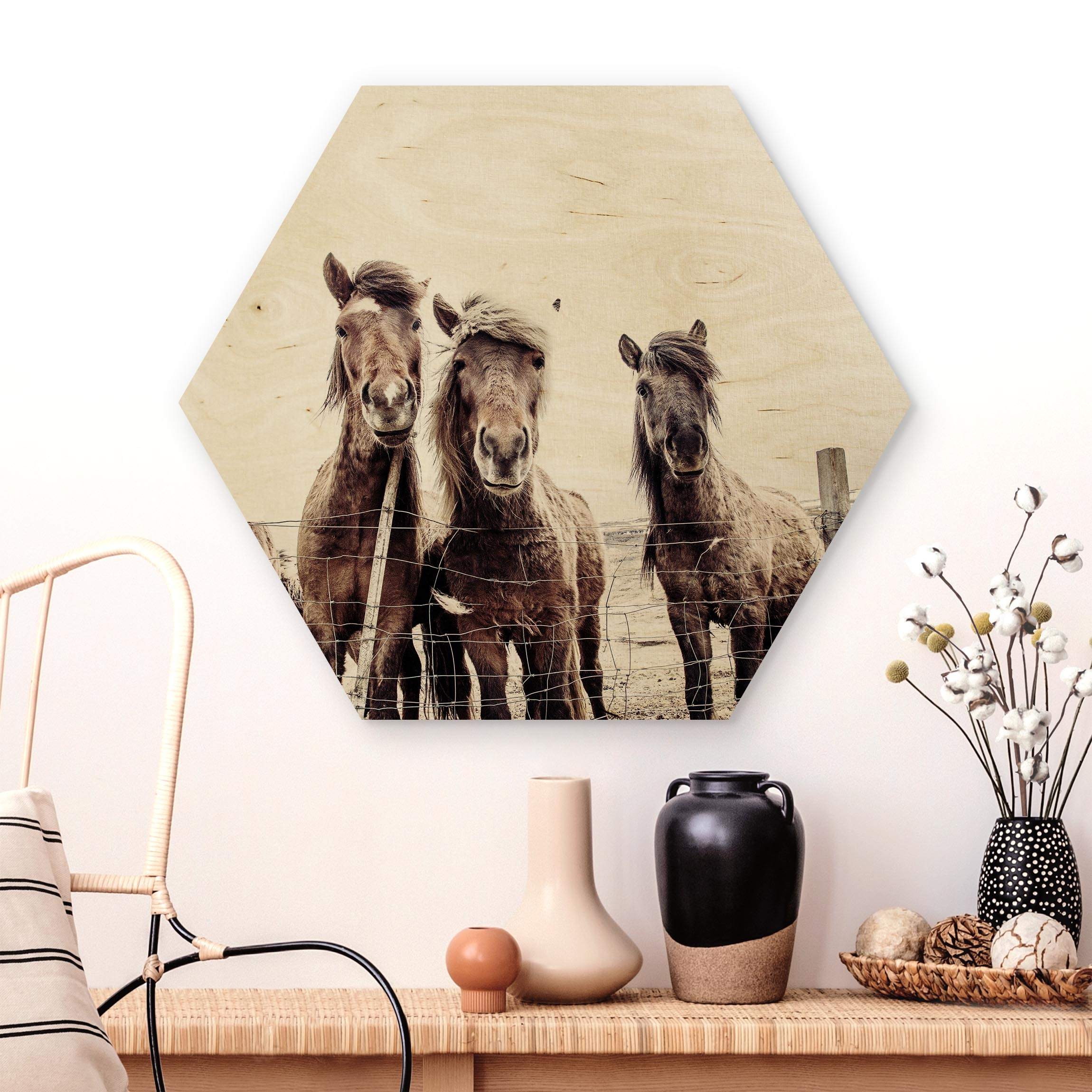 Hexagon-Holzbild Island Pferde