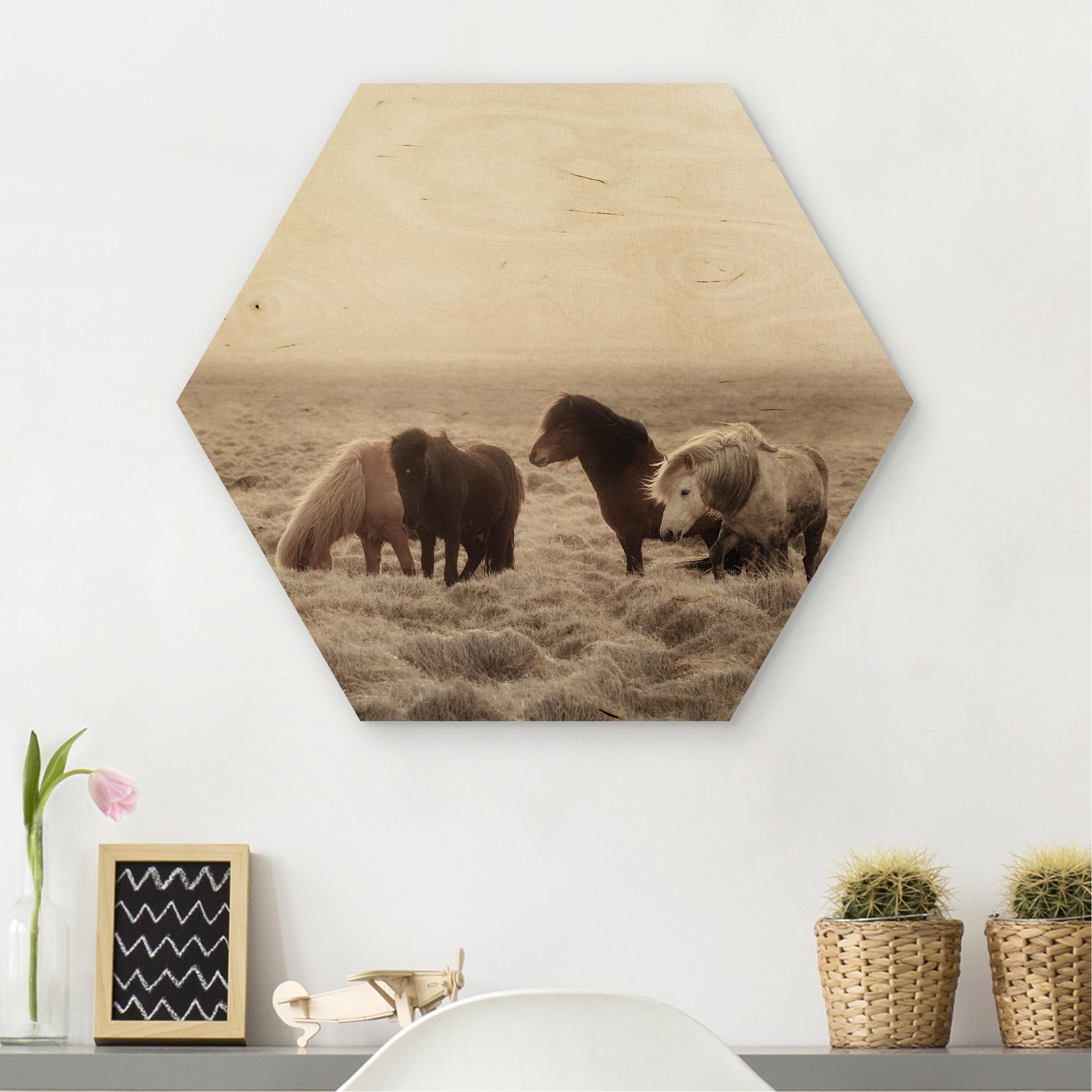 Hexagon-Holzbild Island Wildpferde