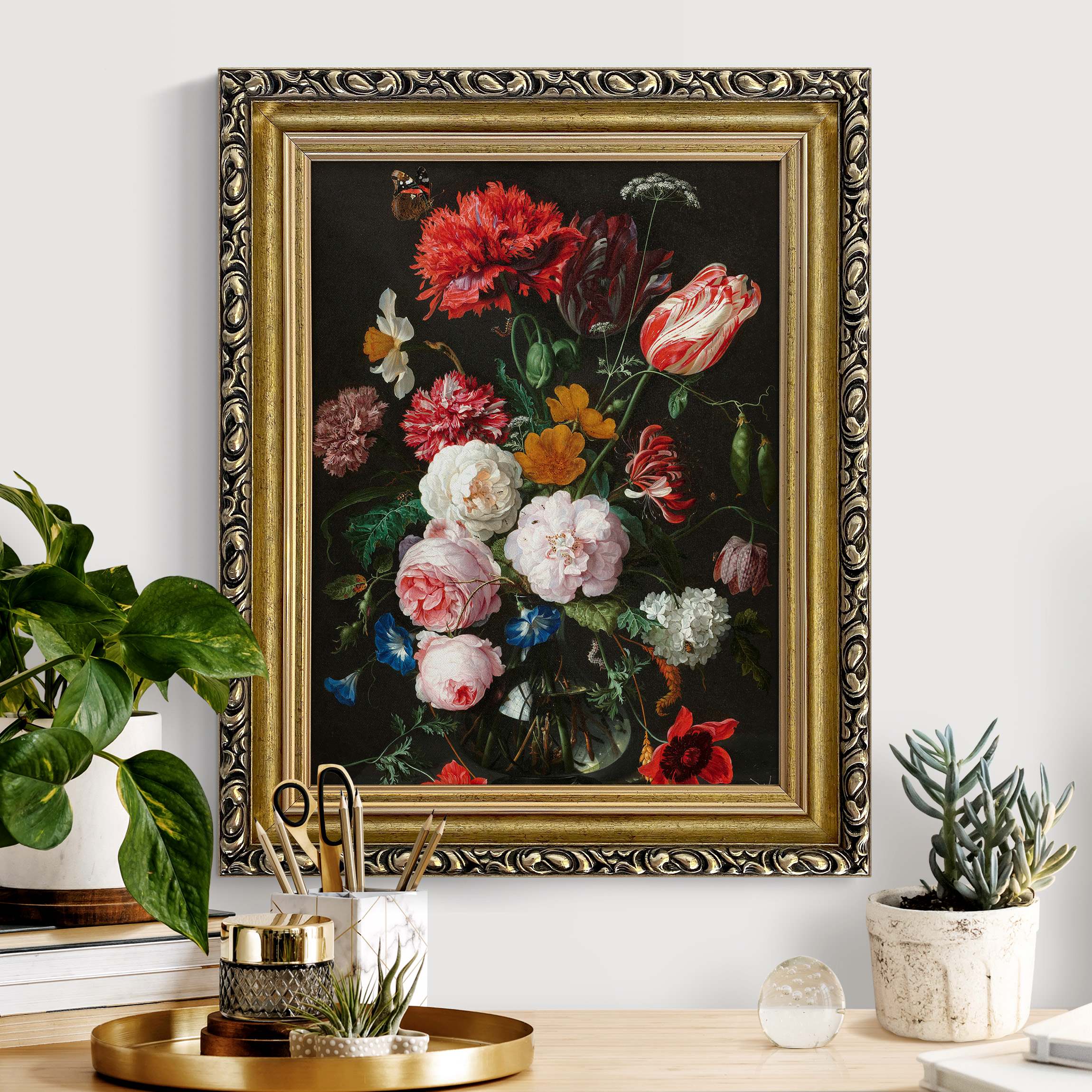 Leinwandbild mit Barockrahmen Jan Davidsz de Heem - Stillleben mit Blumen in einer Glasvase