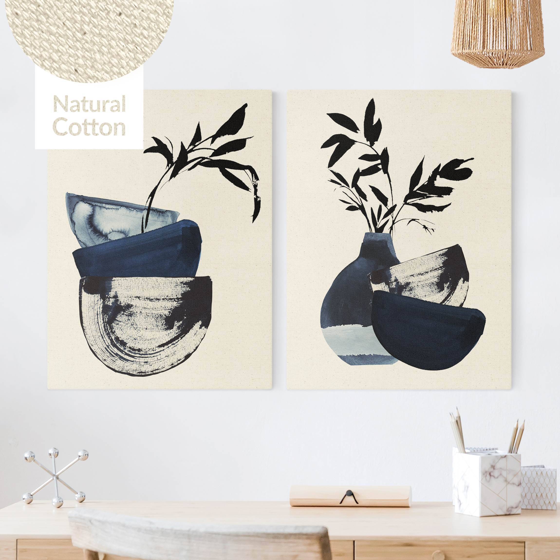 2-teiliges Leinwandbild Japandi Aquarell - Geschirr mit Zweigen