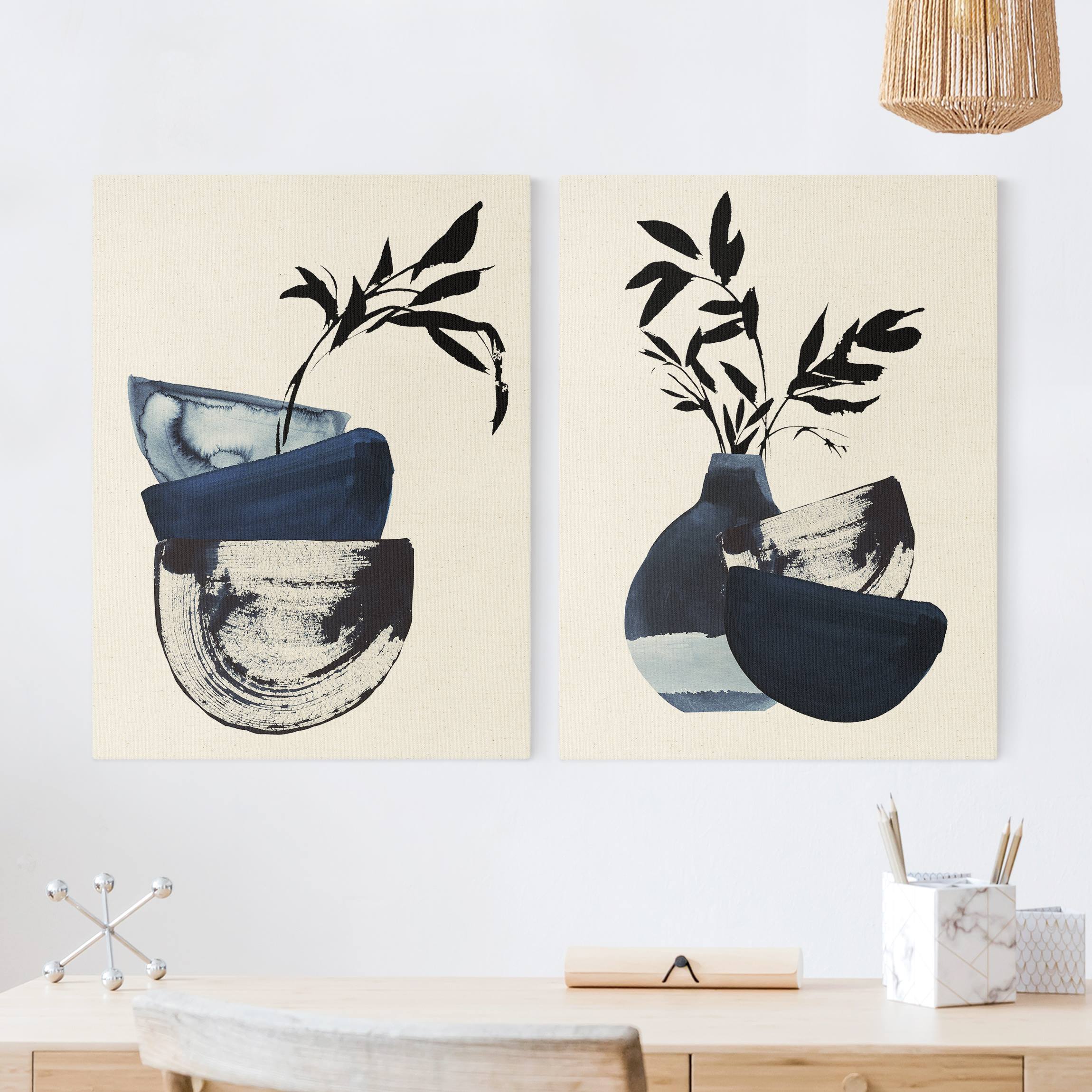 2-teiliges Leinwandbild Japandi Aquarell - Geschirr mit Zweigen