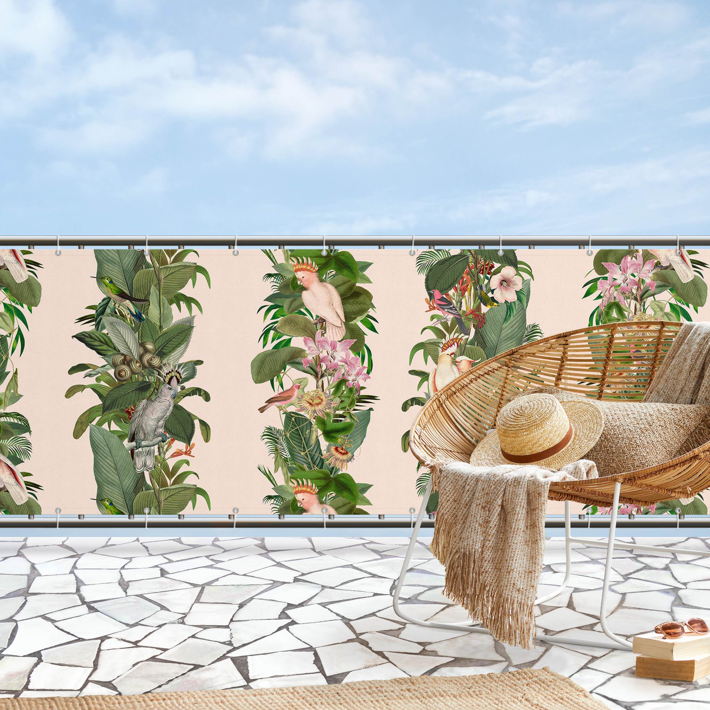 Balkon Sichtschutz Kakadu in Grün auf Rosé
