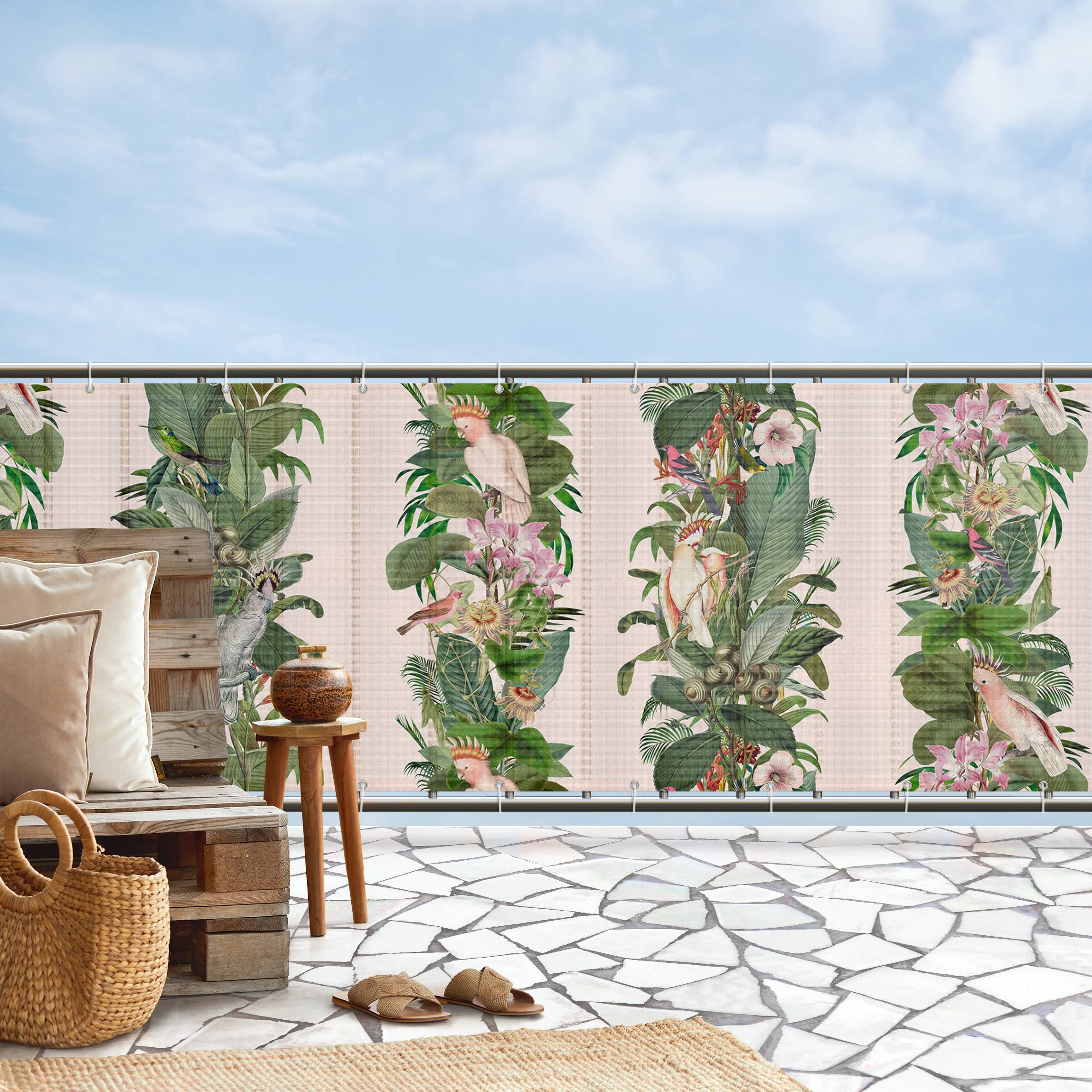 Balkon Sichtschutz Kakadu in Grün auf Rosé