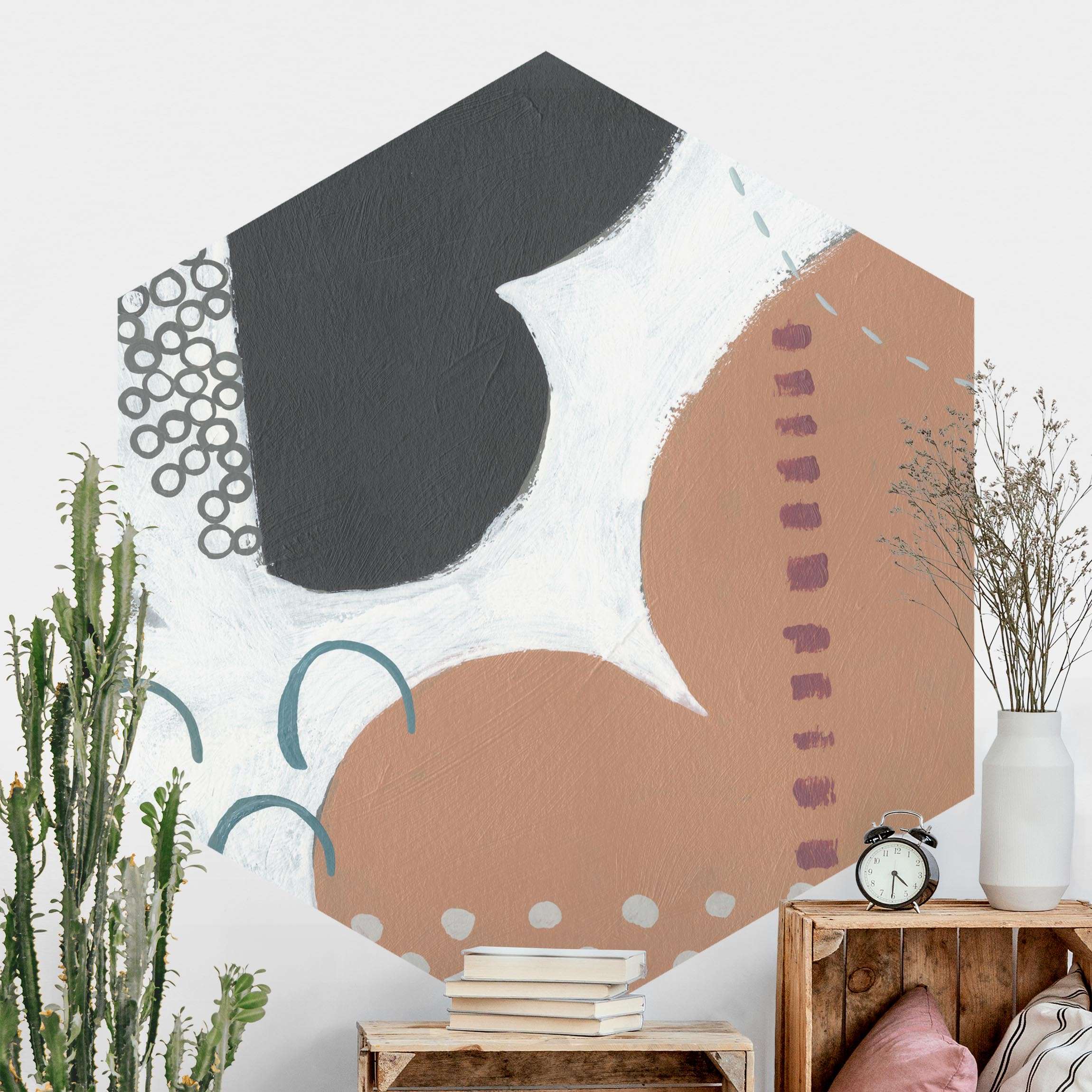 Hexagon Fototapete selbstklebend Karneval der Formen in Lachs III