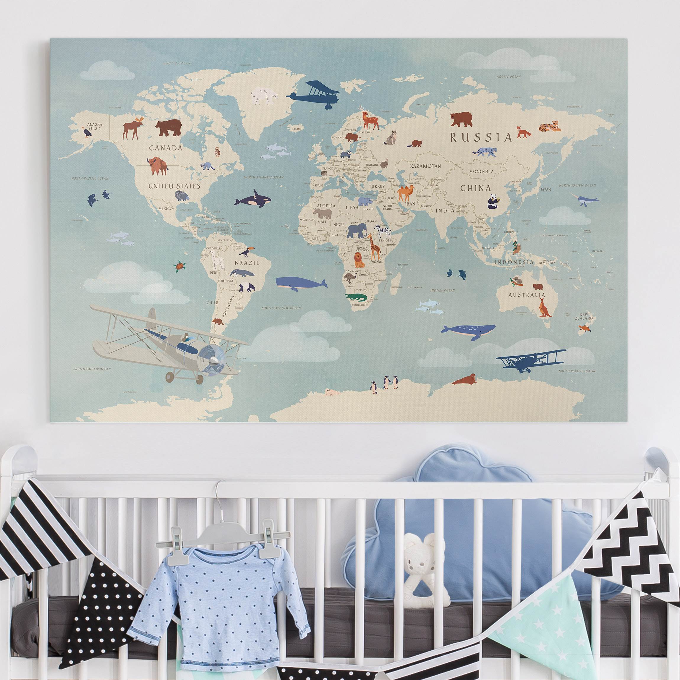 Leinwandbild Karte mit Tieren der Welt