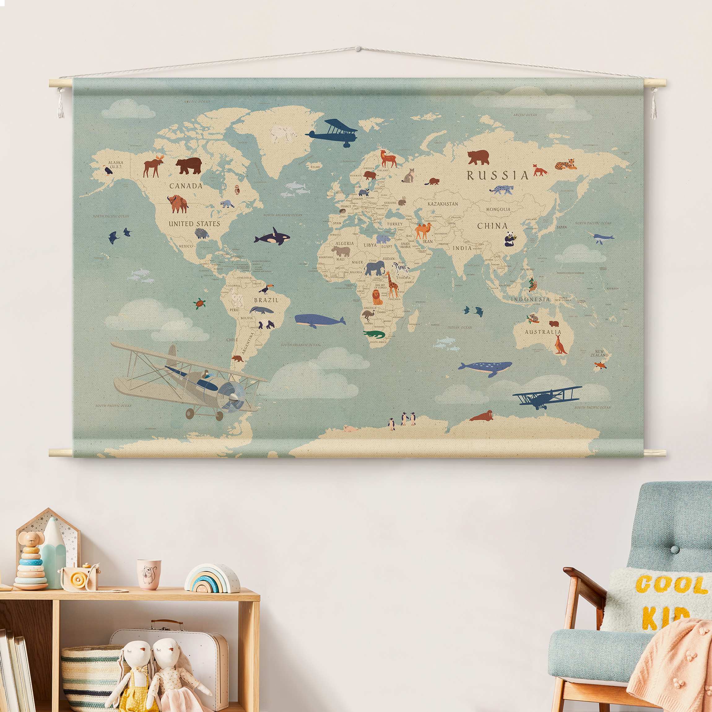 Wandteppich Karte mit Tieren der Welt