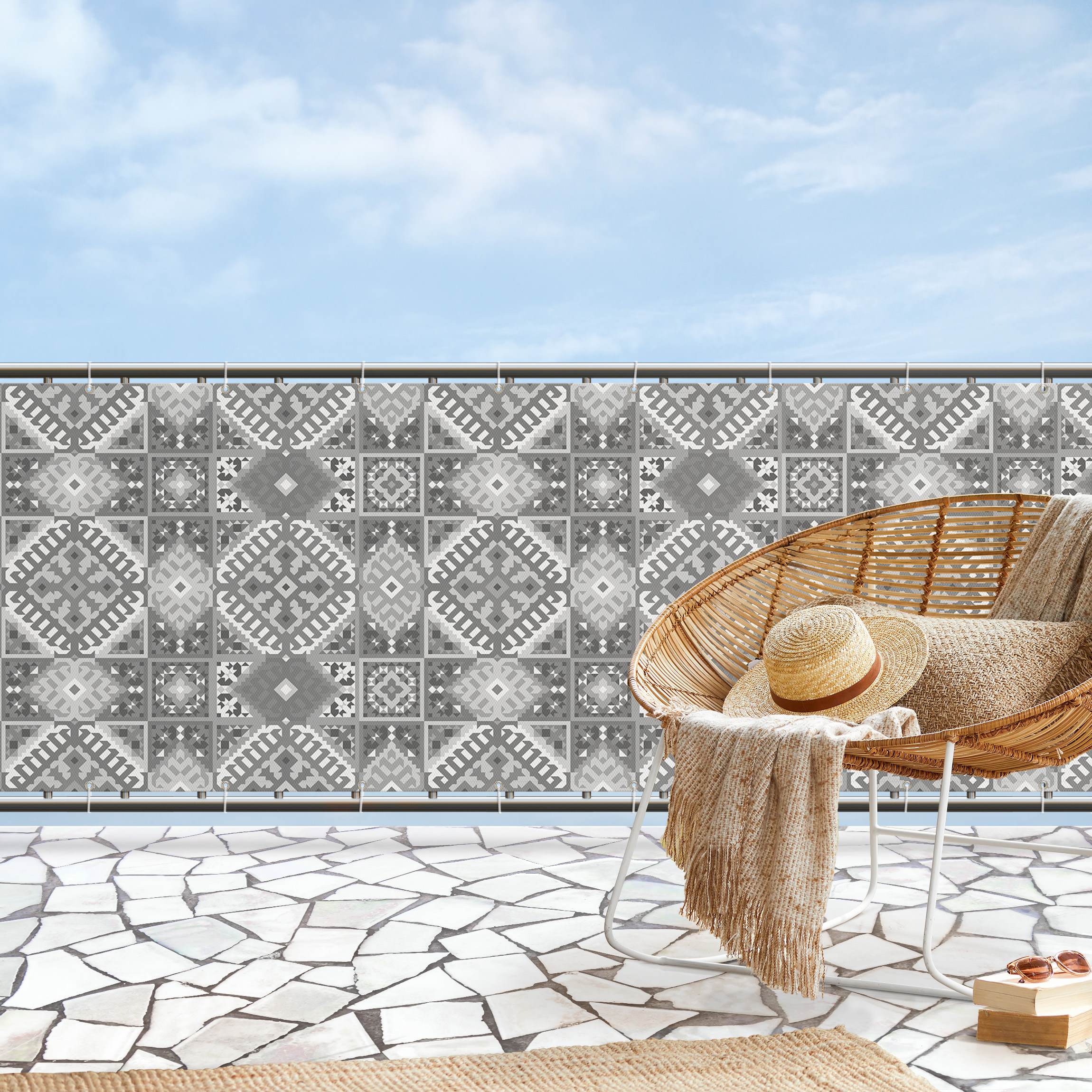 Balkon Sichtschutz Kelim Muster in Grau