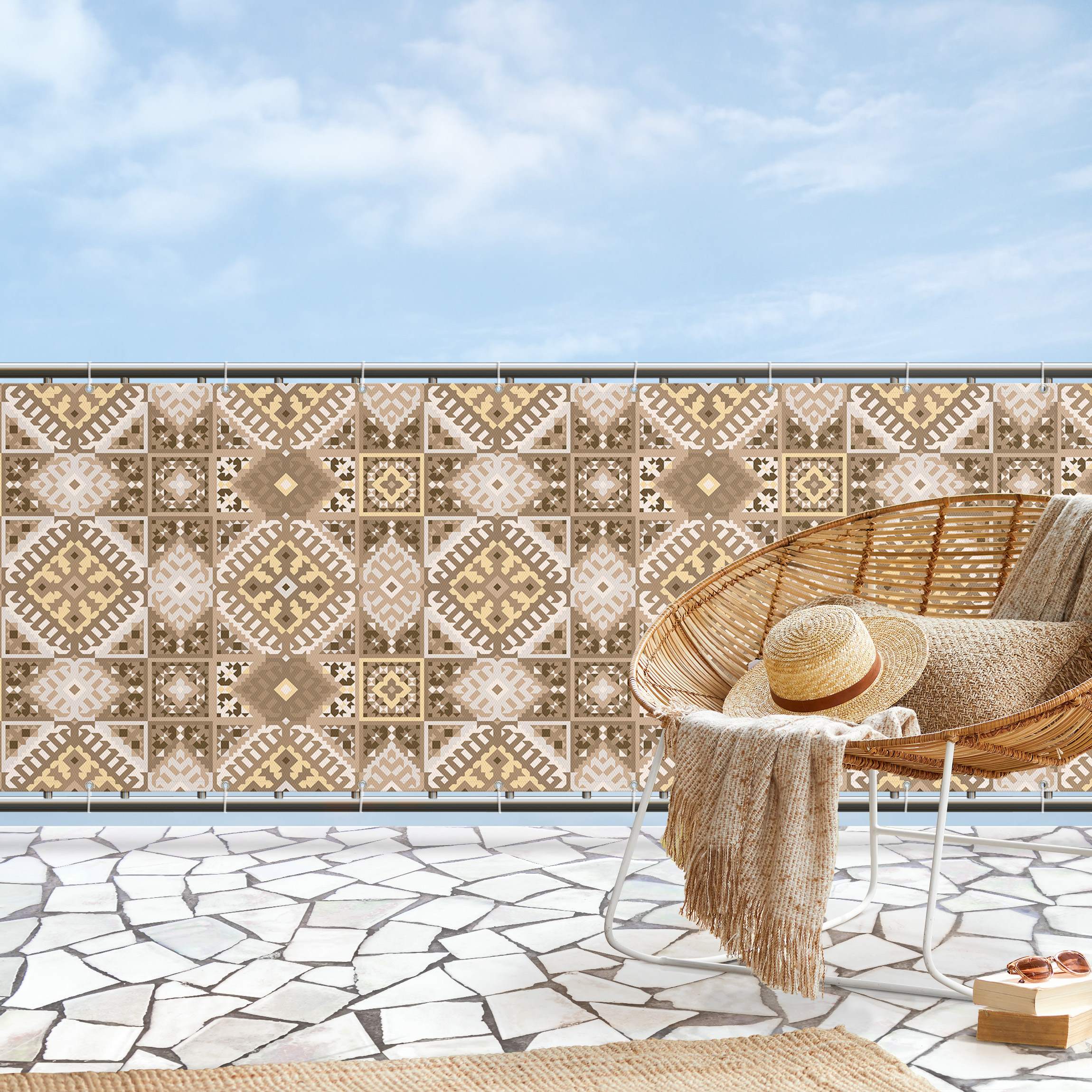 Balkon Sichtschutz Kelim Muster in Ocker