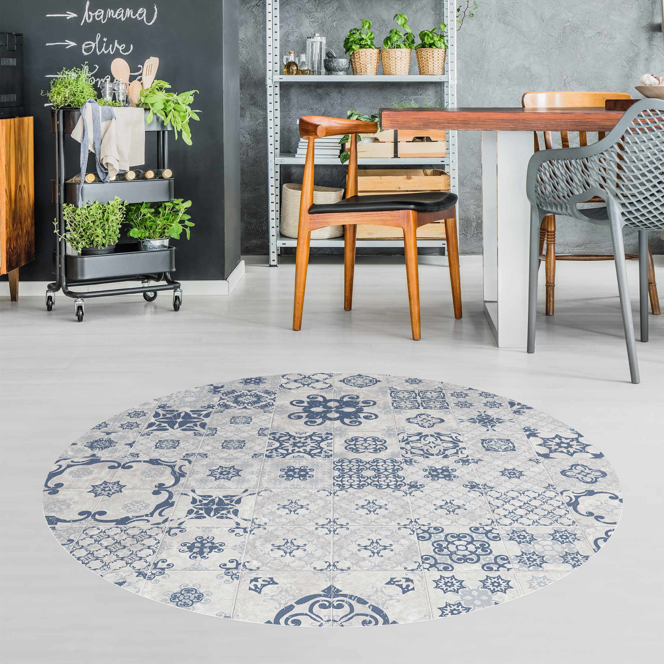 Runder Vinyl-Teppich Keramikfliesen Agadir blau