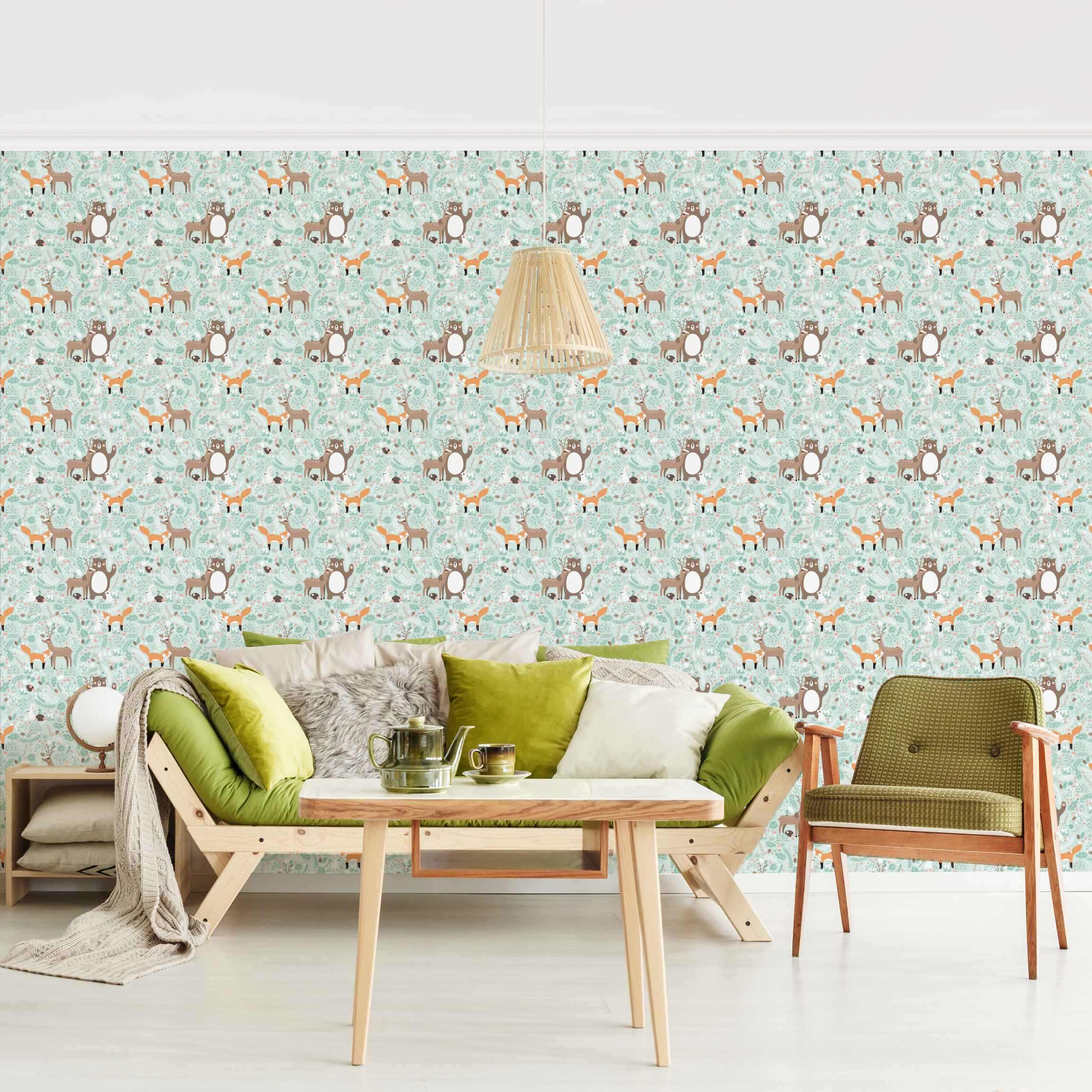 Mustertapete Kindermuster Forest Friends mit Waldtieren