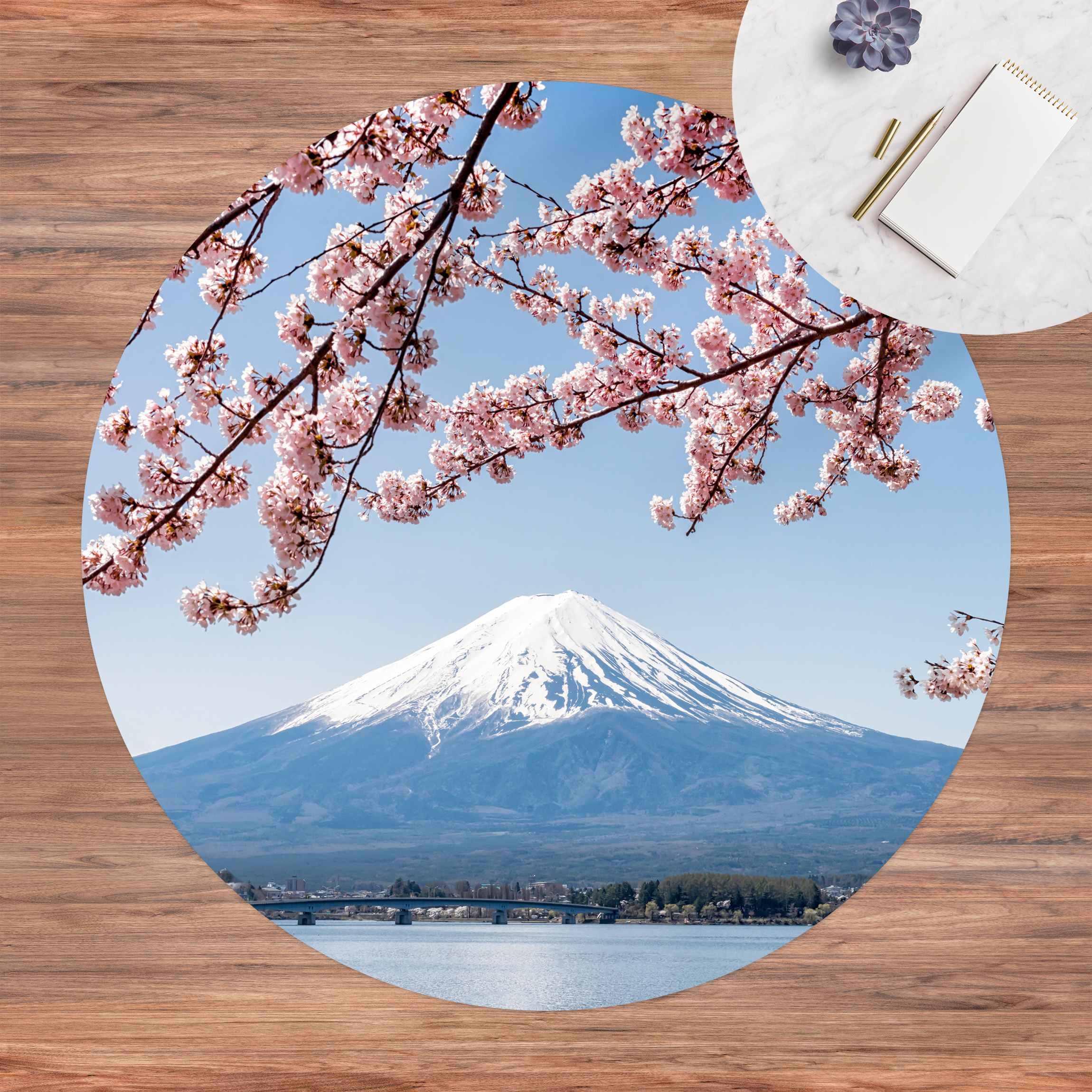 Runder Vinyl-Teppich Kirschblüten mit Berg Fuji