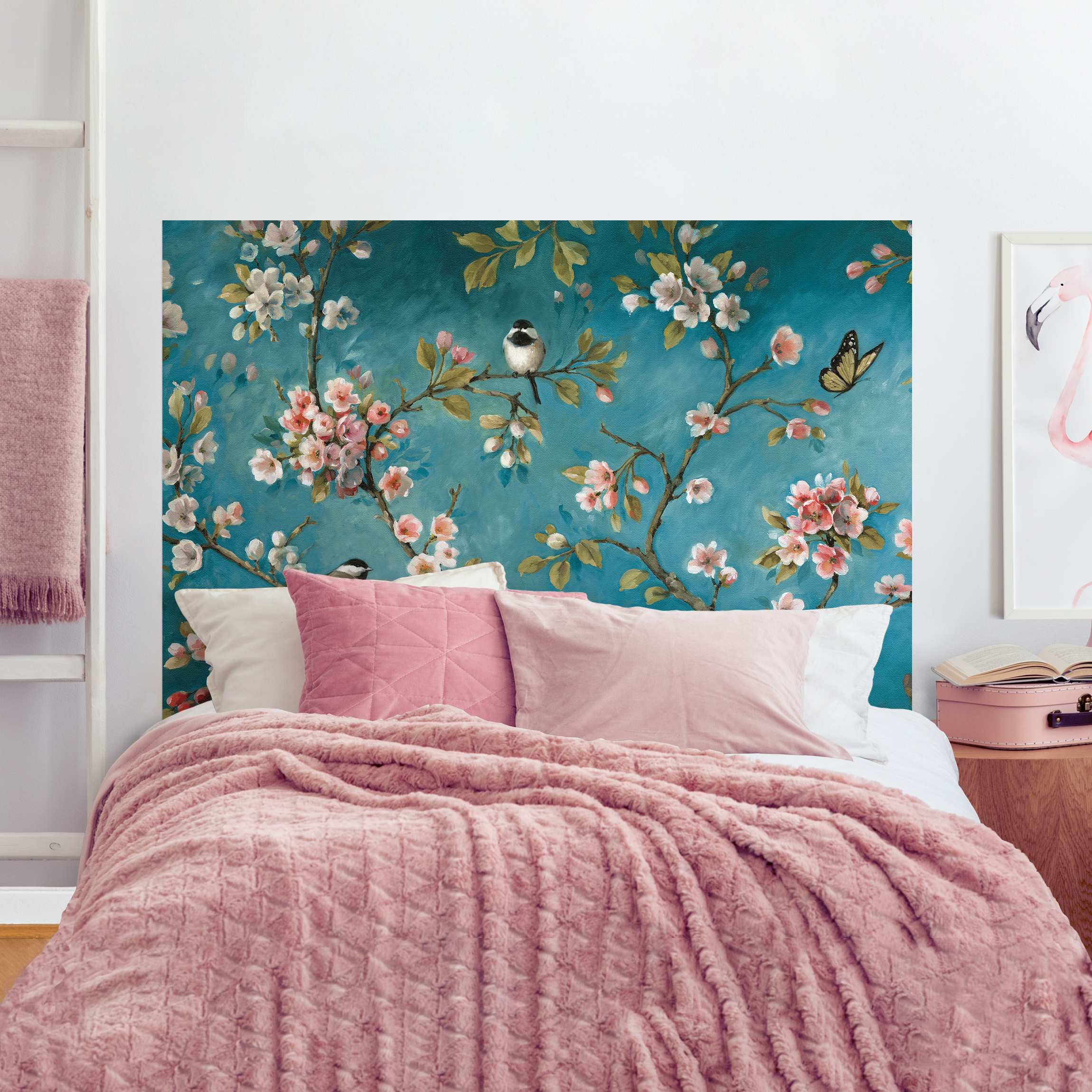 Kopfteil Bett Kirschblütenzweige auf Blau