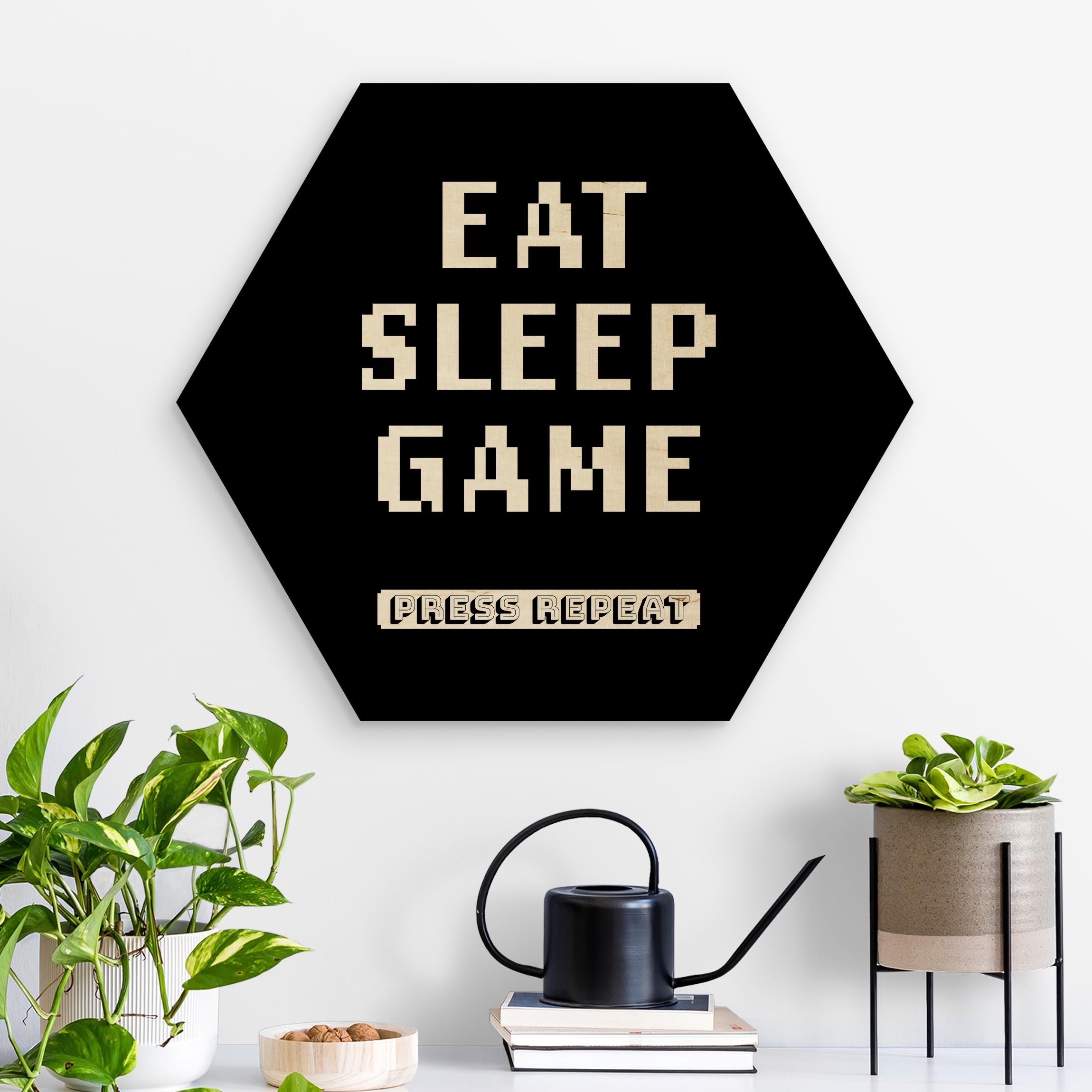 Hexagon-Holzbild Klassik Konsole Eat Sleep Game Press Repeat