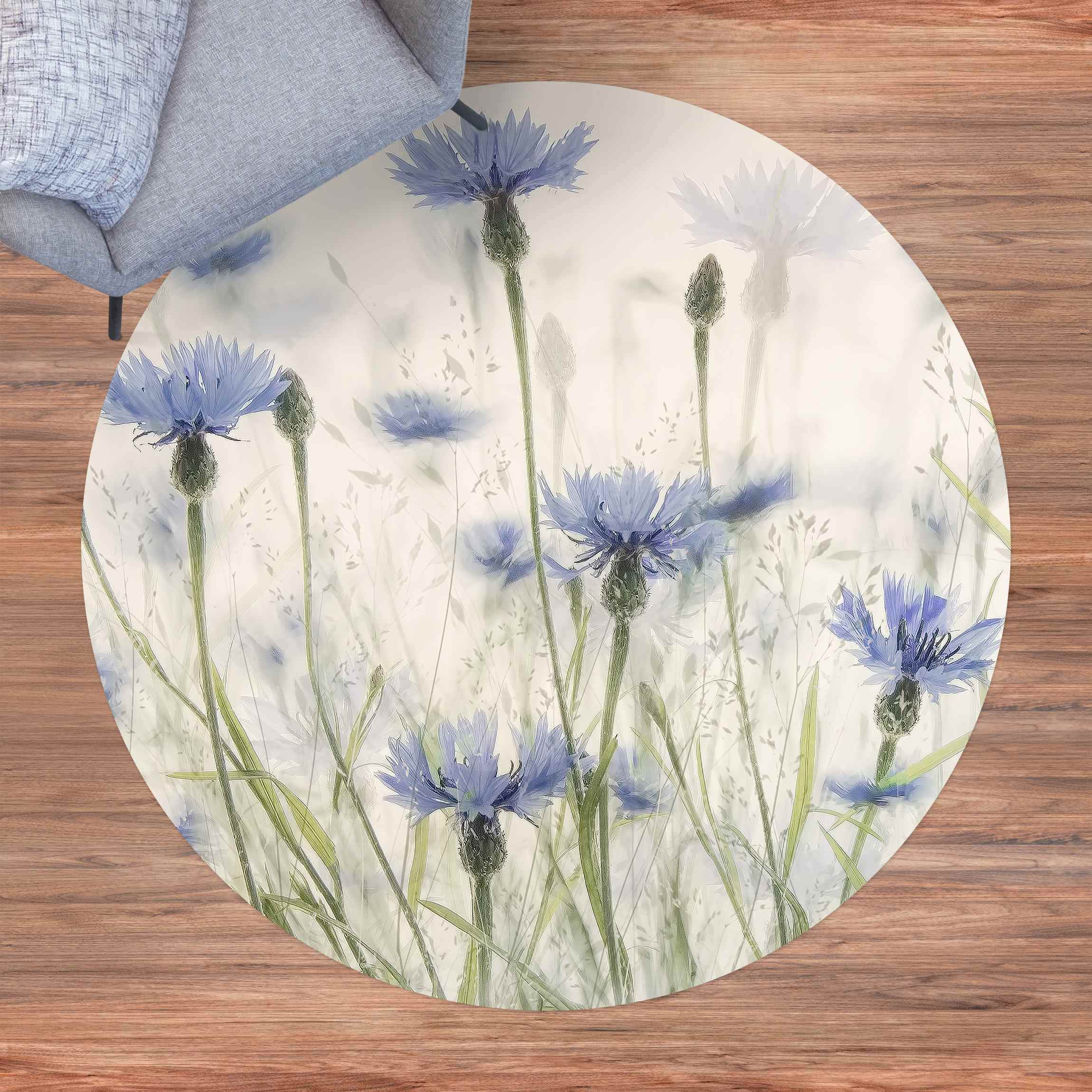 Runder Vinyl-Teppich Kornblumen und Gräser im Feld